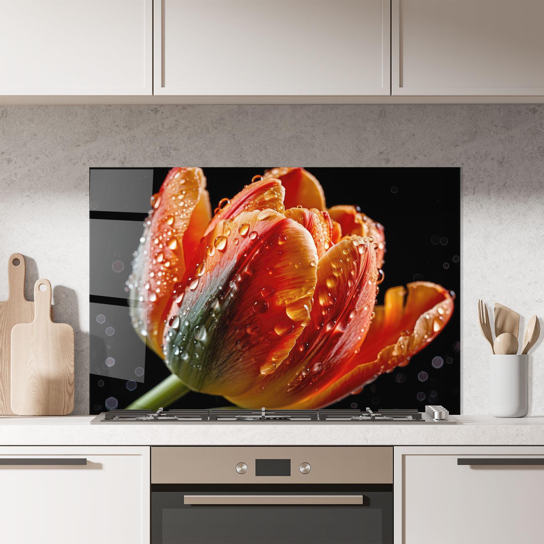 Küchenrückwand Glas Big Wet Orange Tulip mockup 7