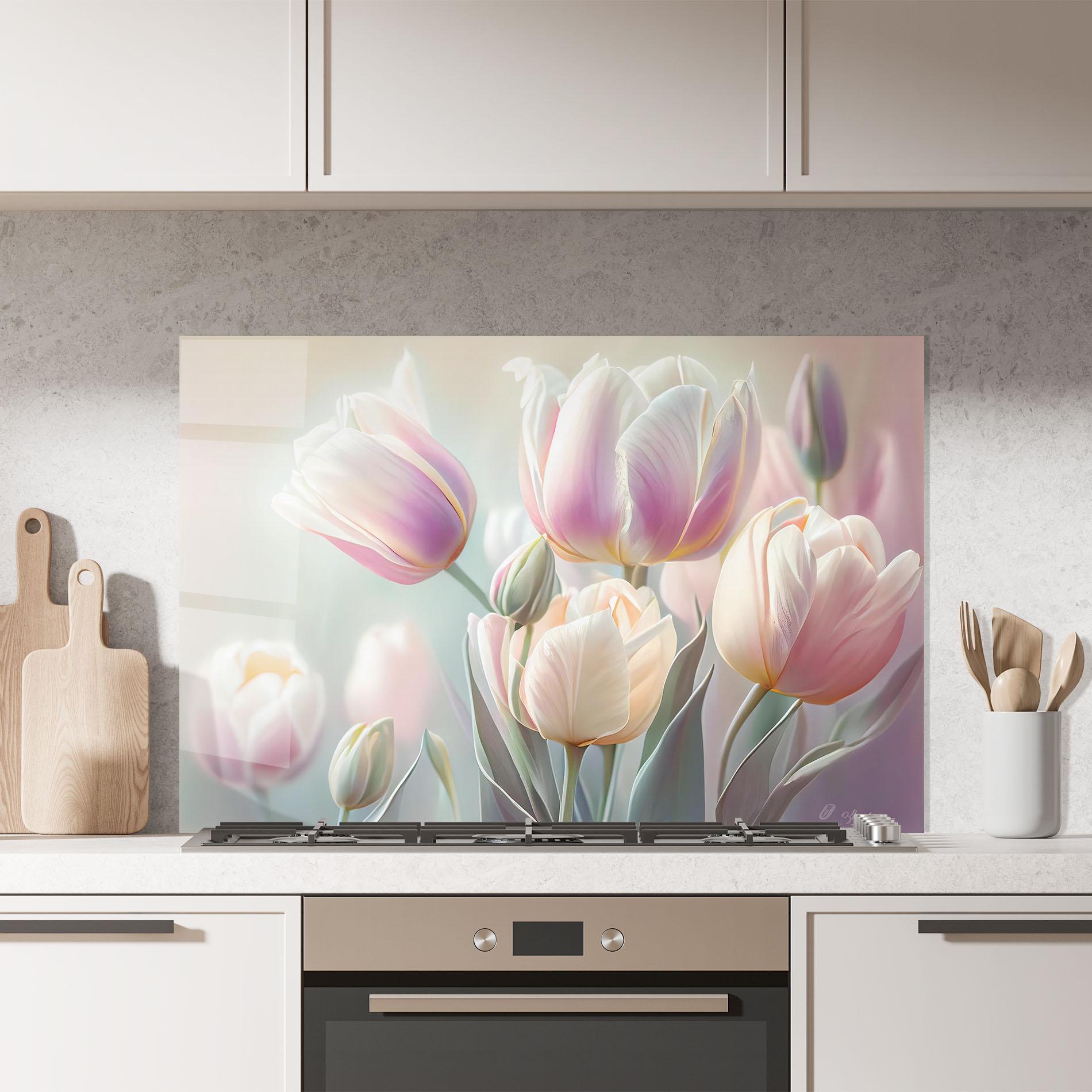 Küchenrückwand Glas Dreamy White Tulips mockup 7
