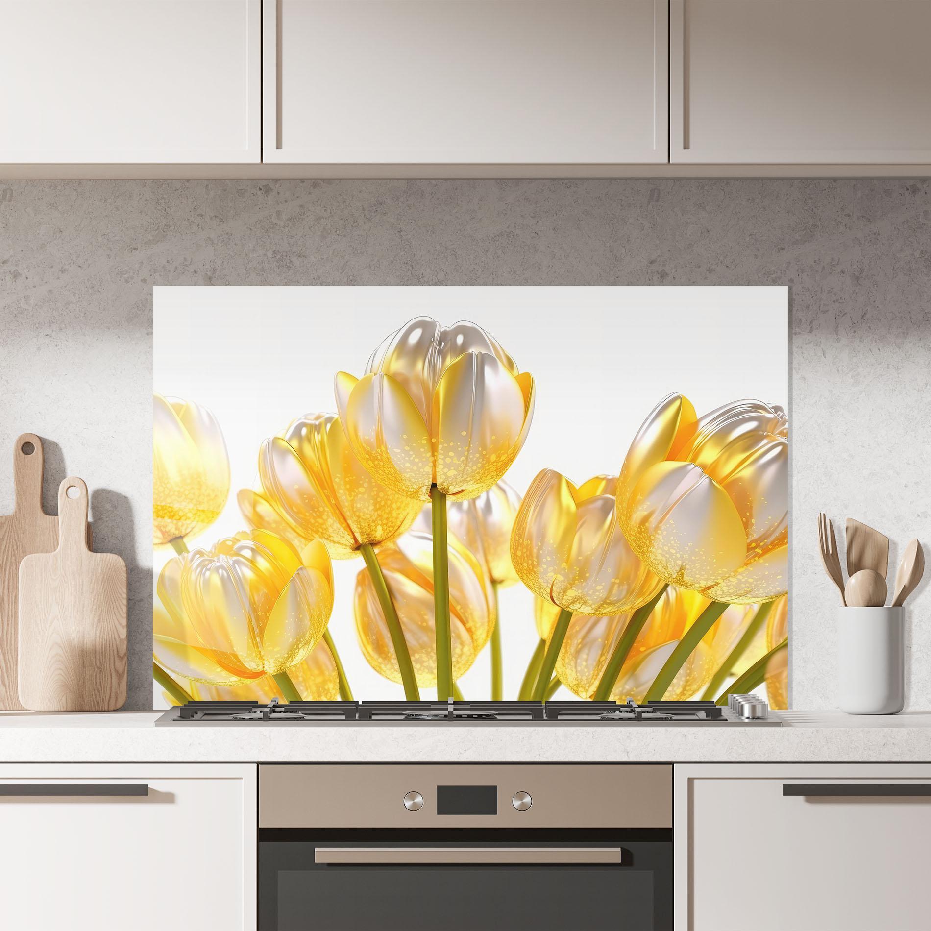 Küchenrückwand Glas Gold White Tulips mockup 7