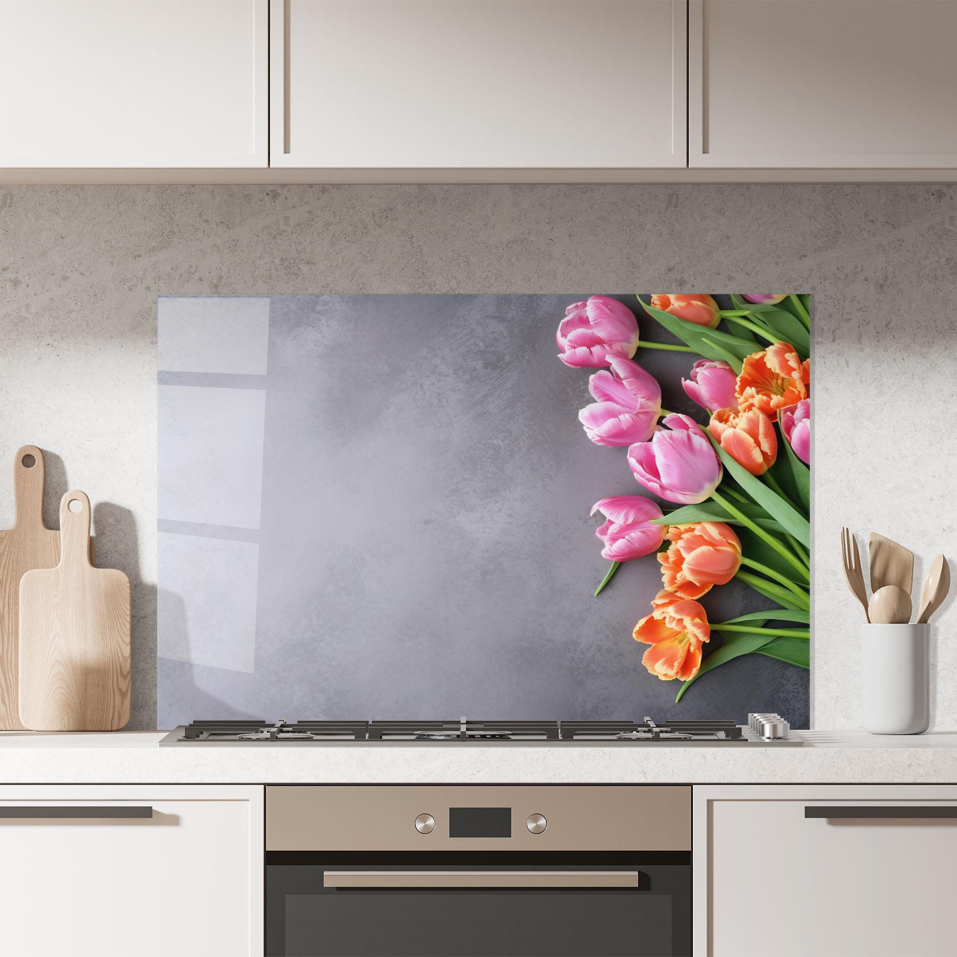 Küchenrückwand Glas Light Orange Pink Tulips mockup 7