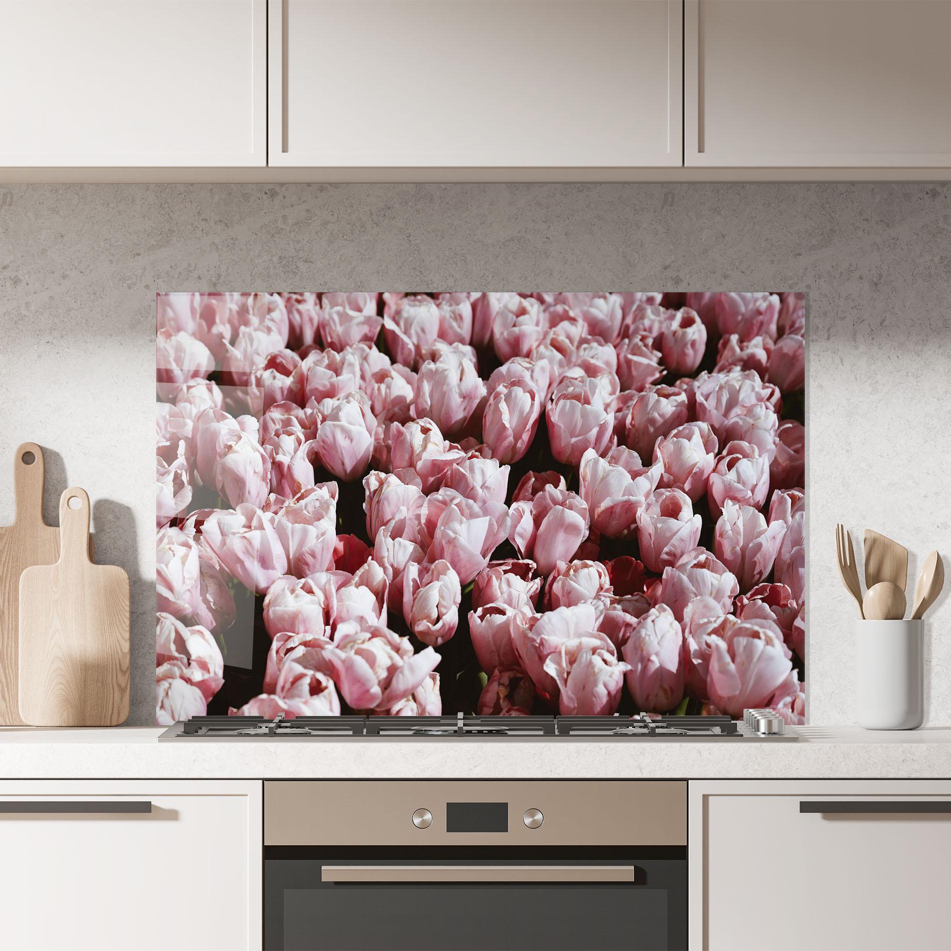 Küchenrückwand Glas Pastel Pink Tulips Wall mockup 7