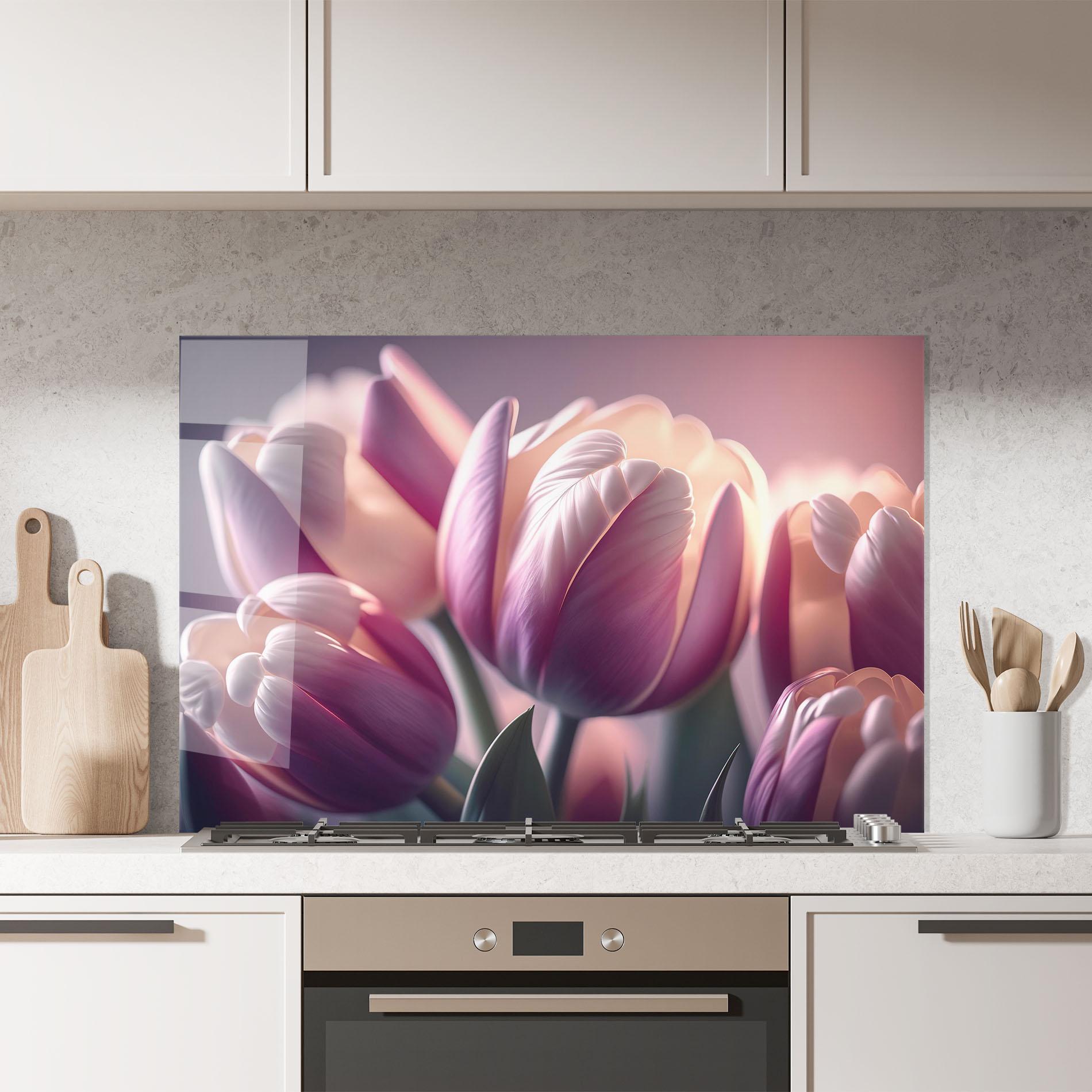 Küchenrückwand Glas Pastel Pink Tulips mockup 7