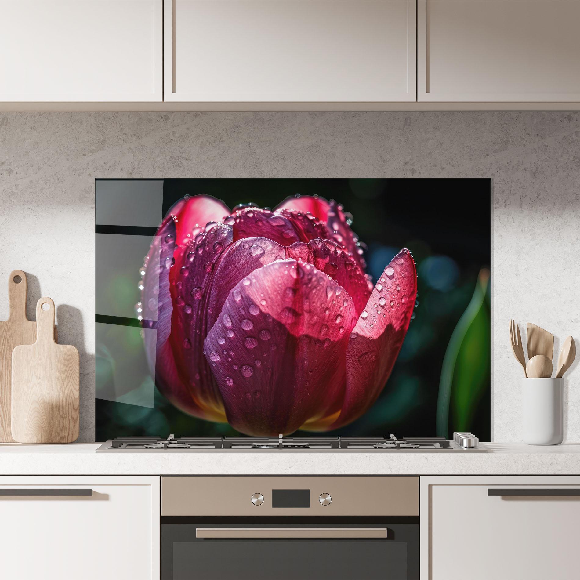 Küchenrückwand Glas Pink Tulip After Rain mockup 7