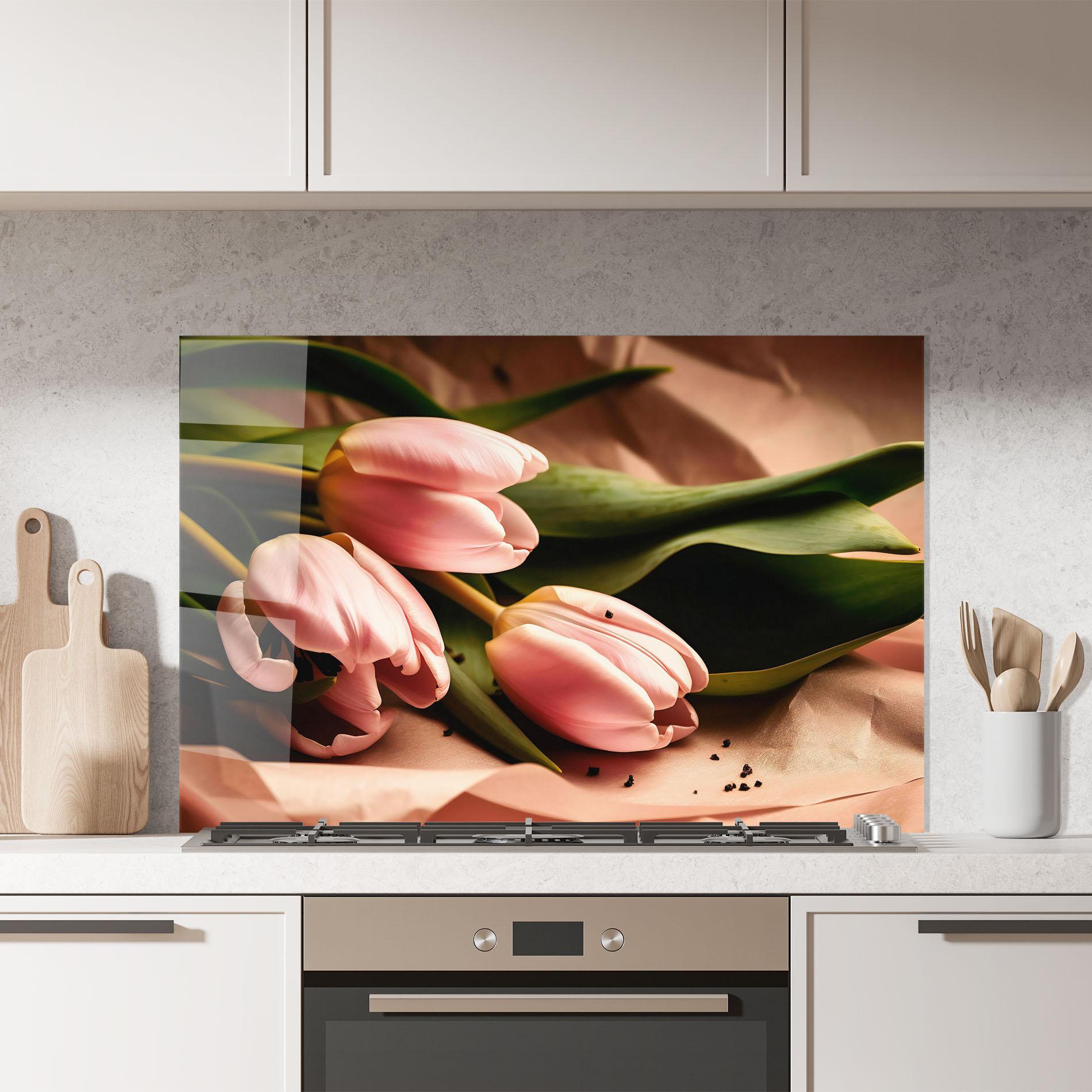 Küchenrückwand Glas Pink Tulips With Leafs mockup 7