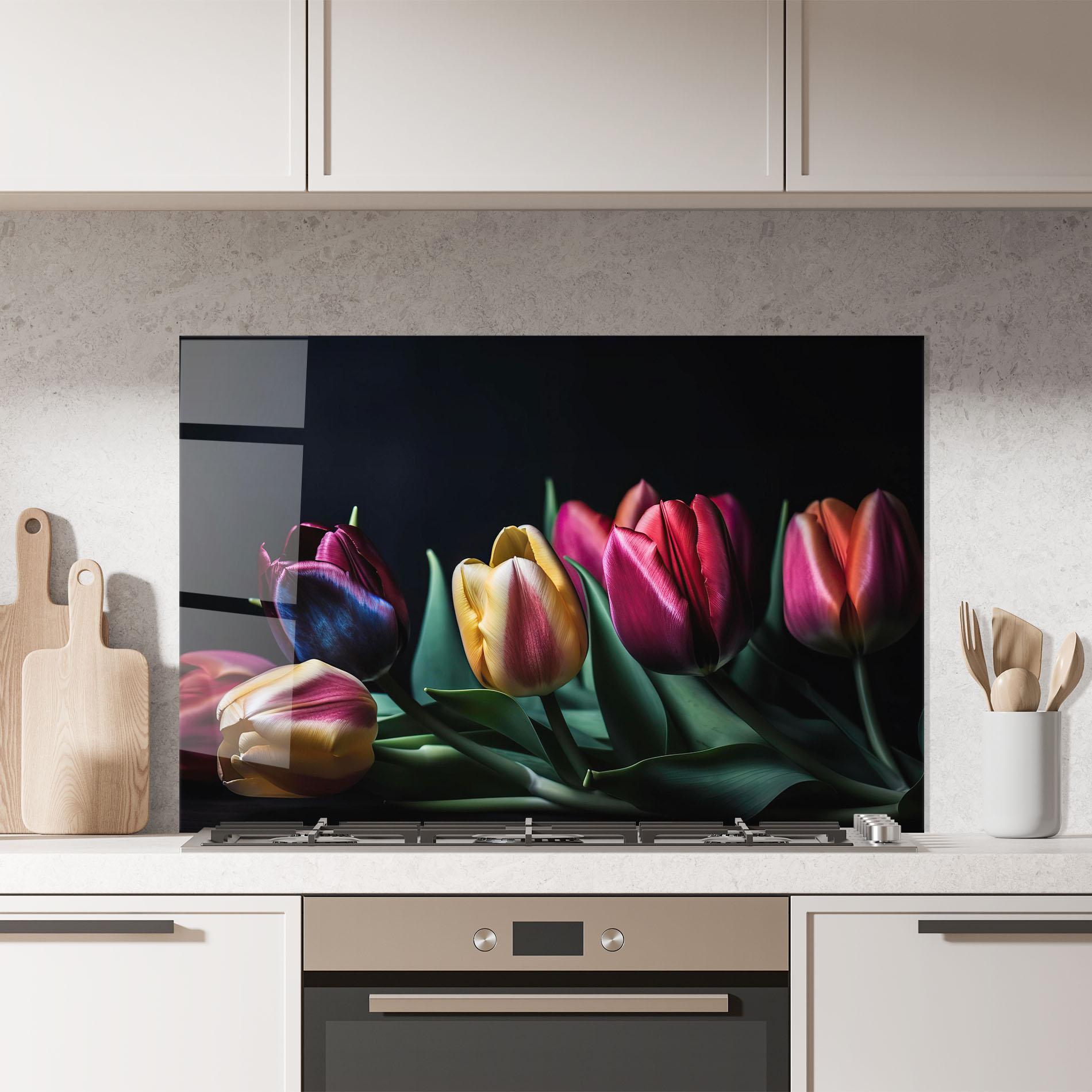 Küchenrückwand Glas Pink Yellow Tulips mockup 7
