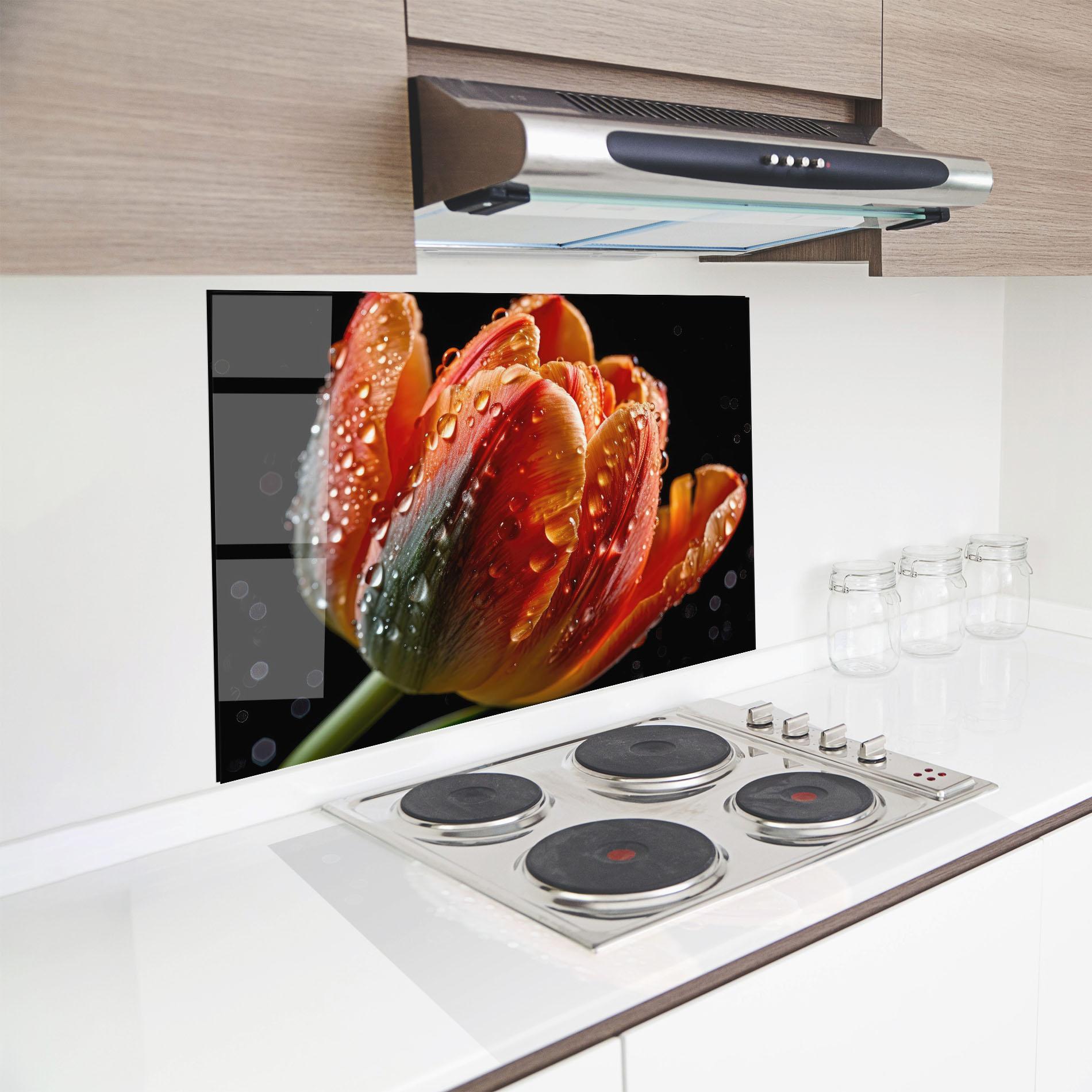 Küchenrückwand Glas Big Wet Orange Tulip mockup 8