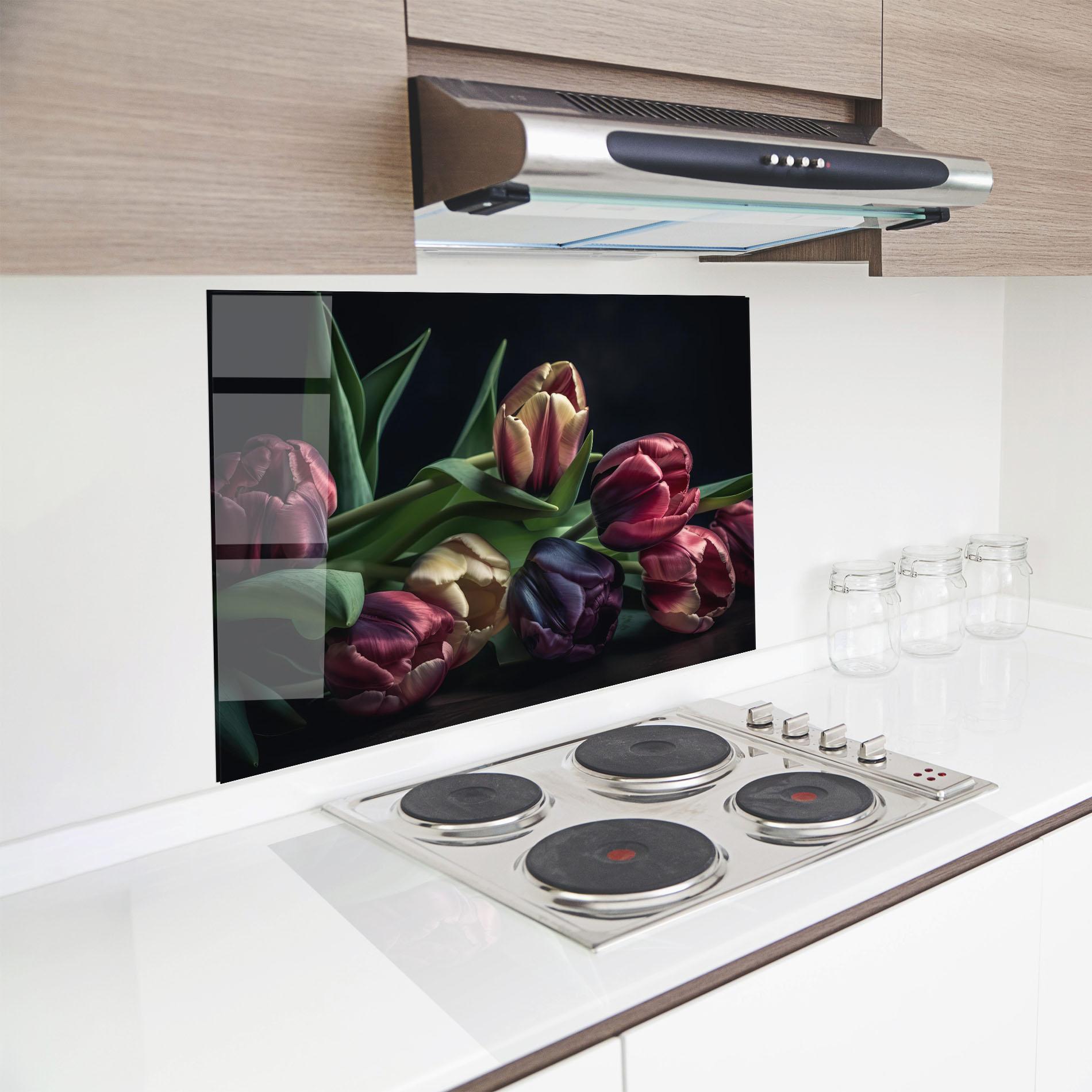 Küchenrückwand Glas Dark Purple Tulip mockup 8