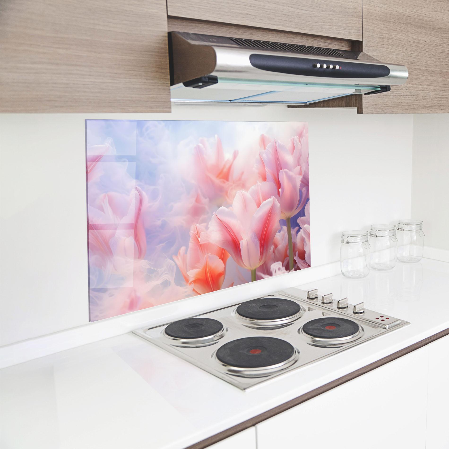 Küchenrückwand Glas Dreamy Pink Tulips mockup 8