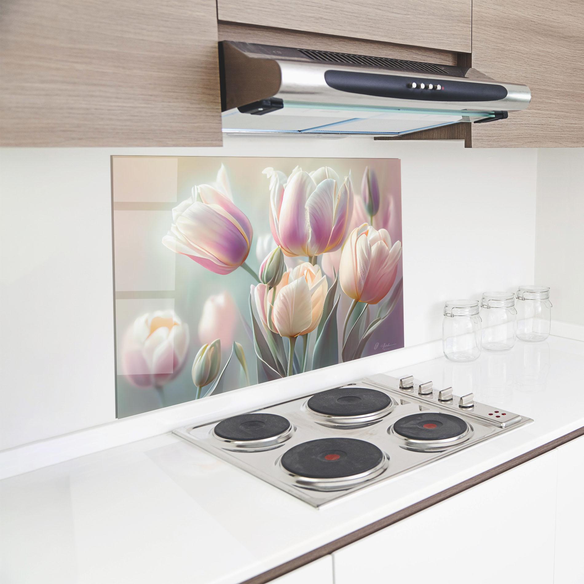 Küchenrückwand Glas Dreamy White Tulips mockup 8