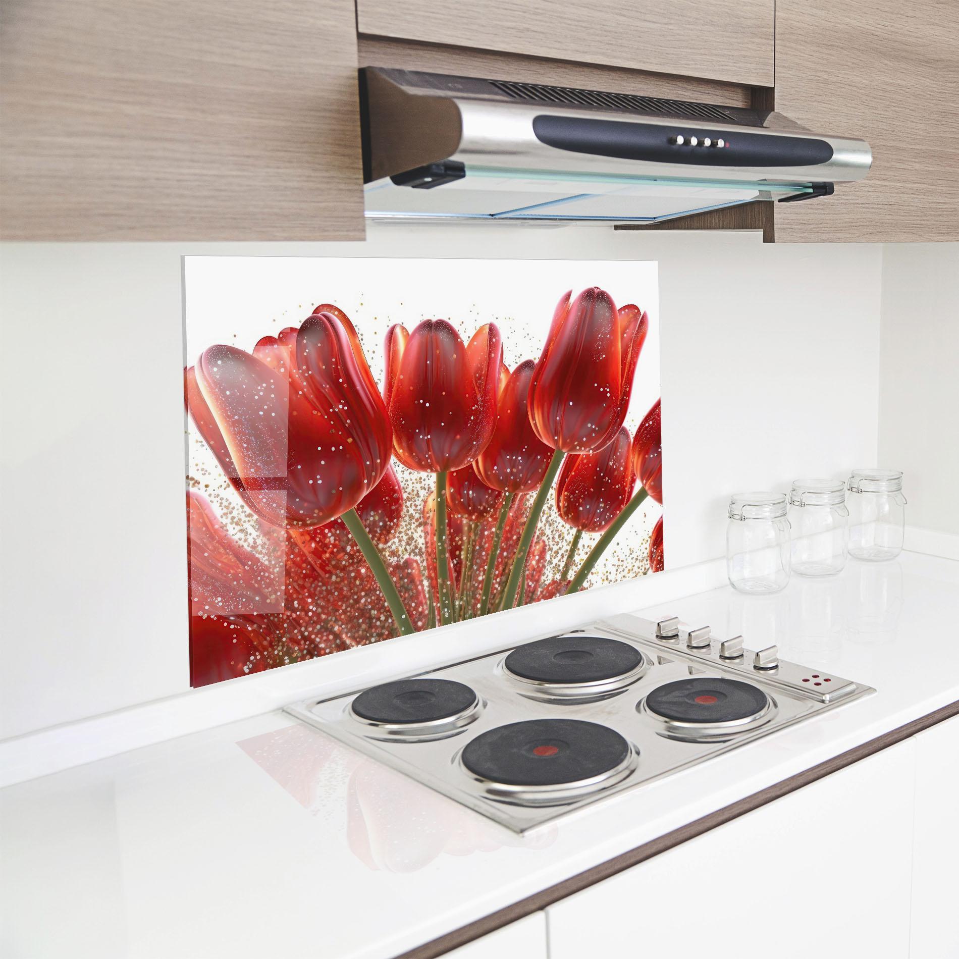Küchenrückwand Glas Glitter Red Tulips mockup 8