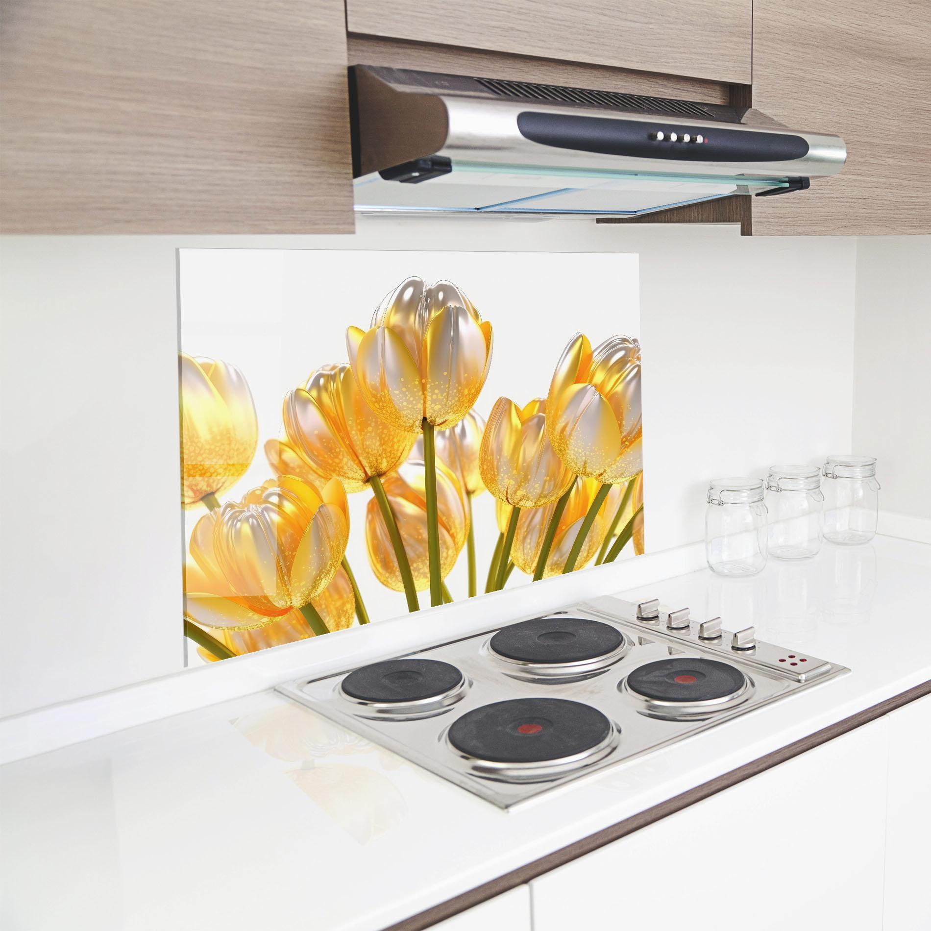 Küchenrückwand Glas Gold White Tulips mockup 8