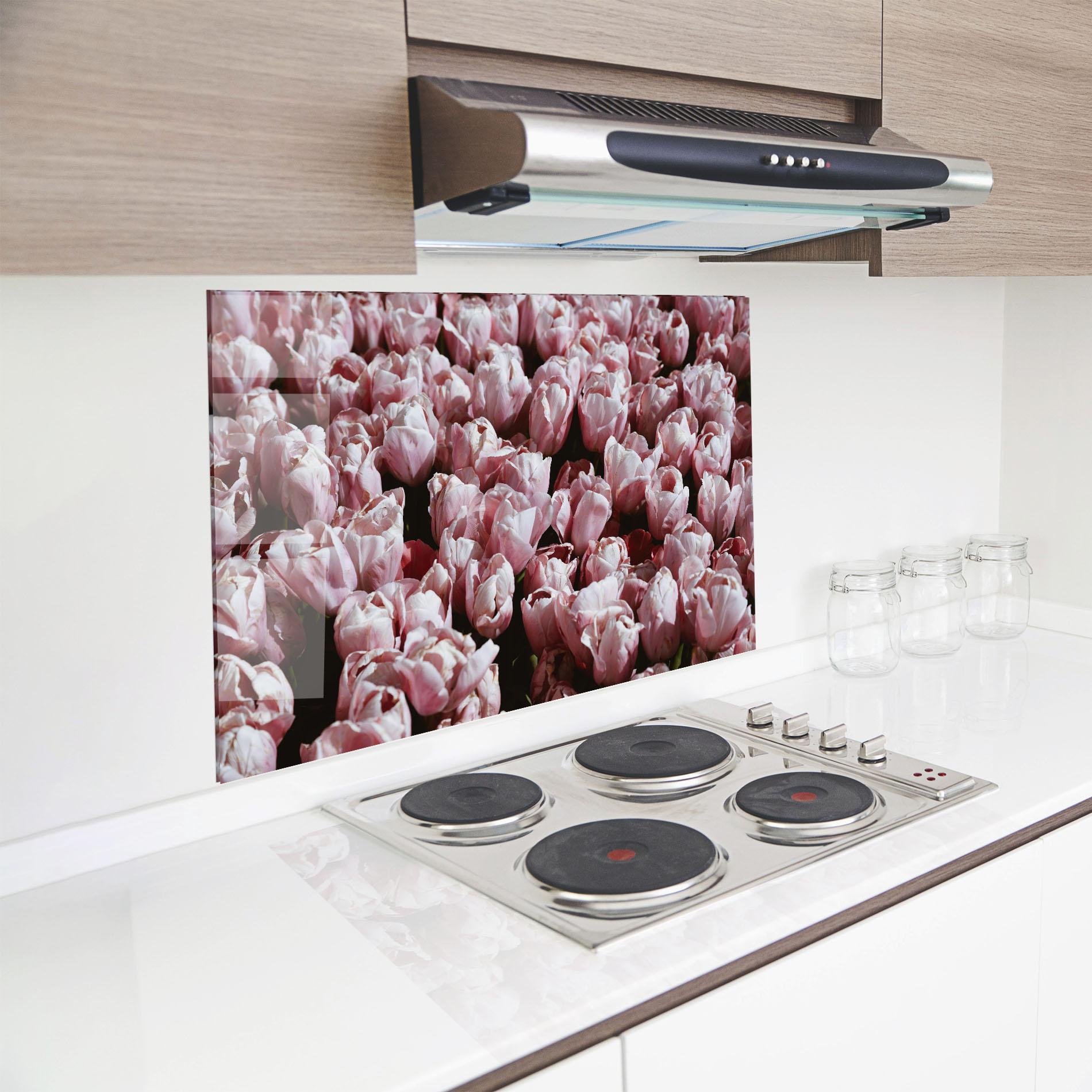 Küchenrückwand Glas Pastel Pink Tulips Wall mockup 8