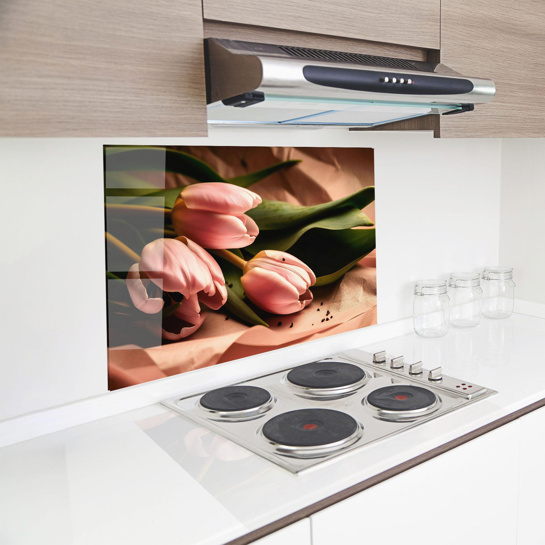 Küchenrückwand Glas Pink Tulips With Leafs mockup 8