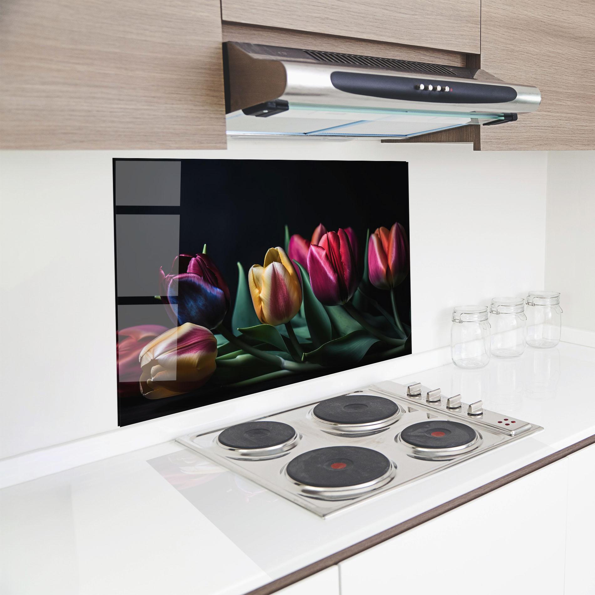 Küchenrückwand Glas Pink Yellow Tulips mockup 8