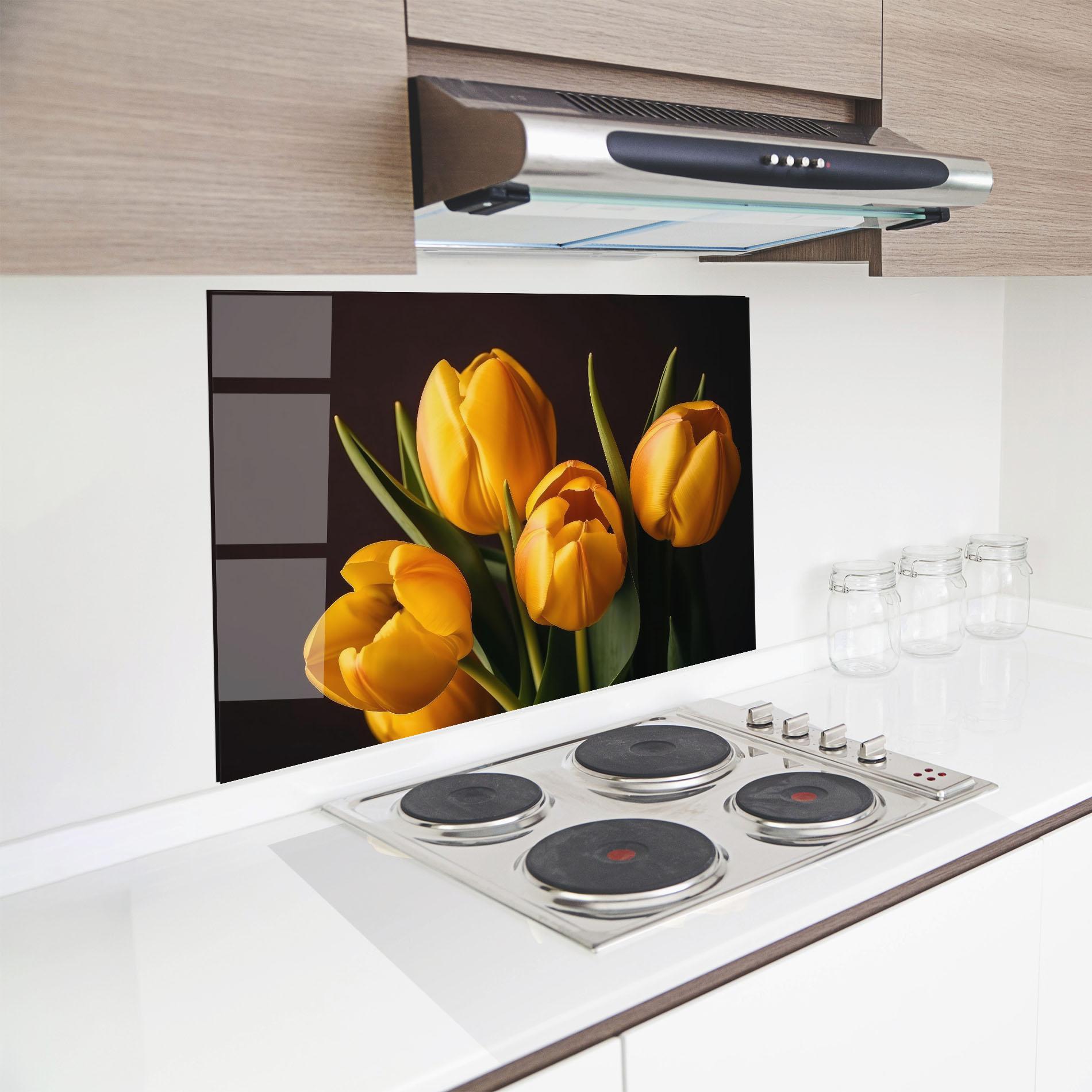 Küchenrückwand Glas Strong Yellow Tulips mockup 8