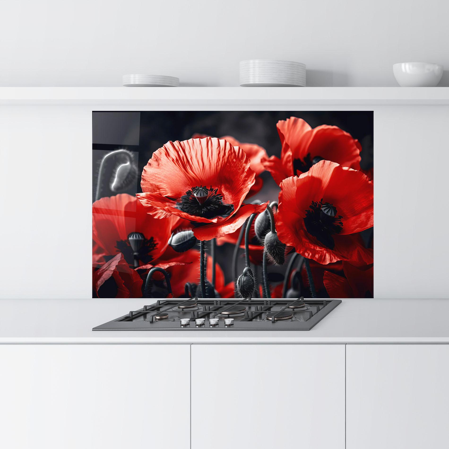 Küchenrückwand Glas Black Red Poppy View mockup 9