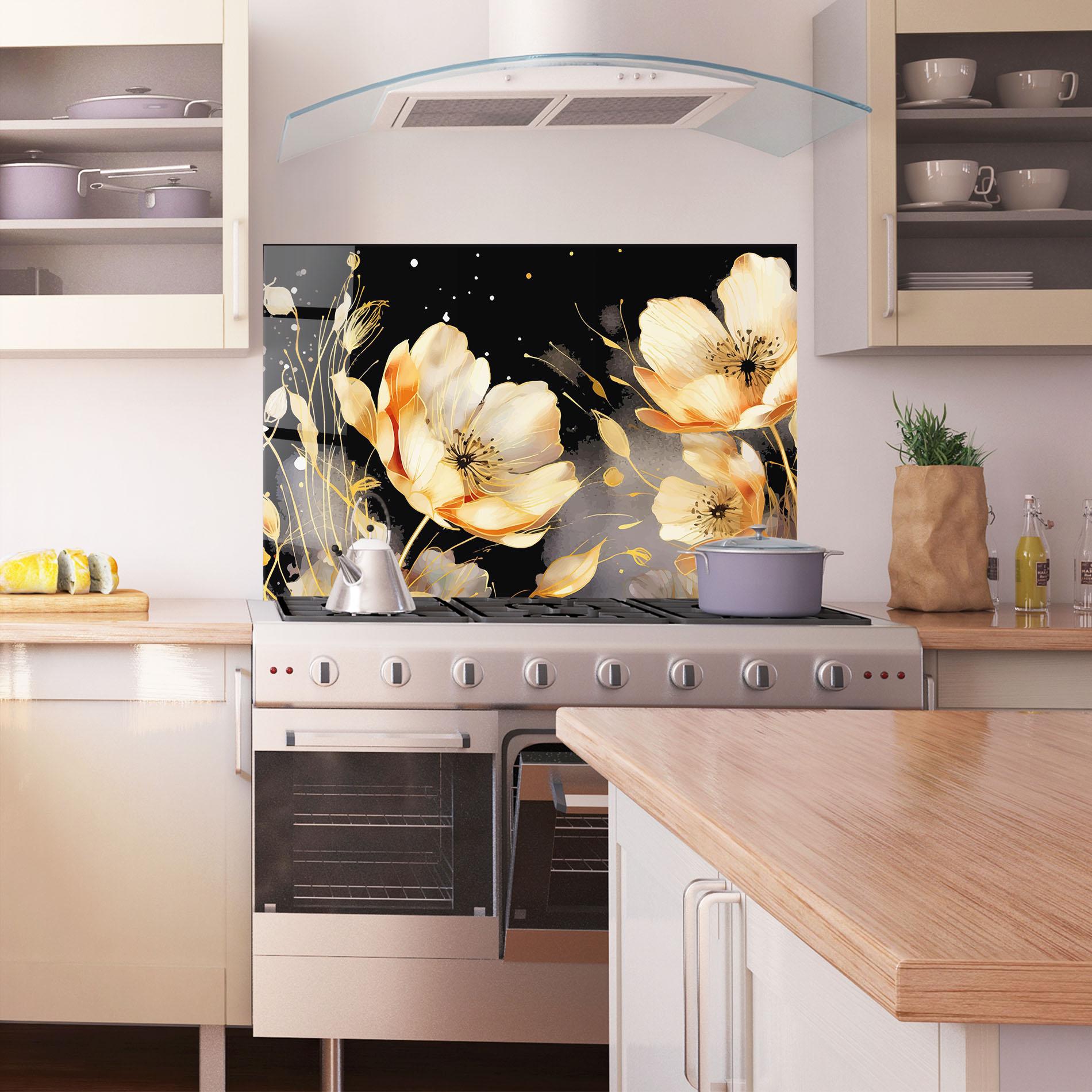 Küchenrückwand Glas Gold Poppy Black mockup 1