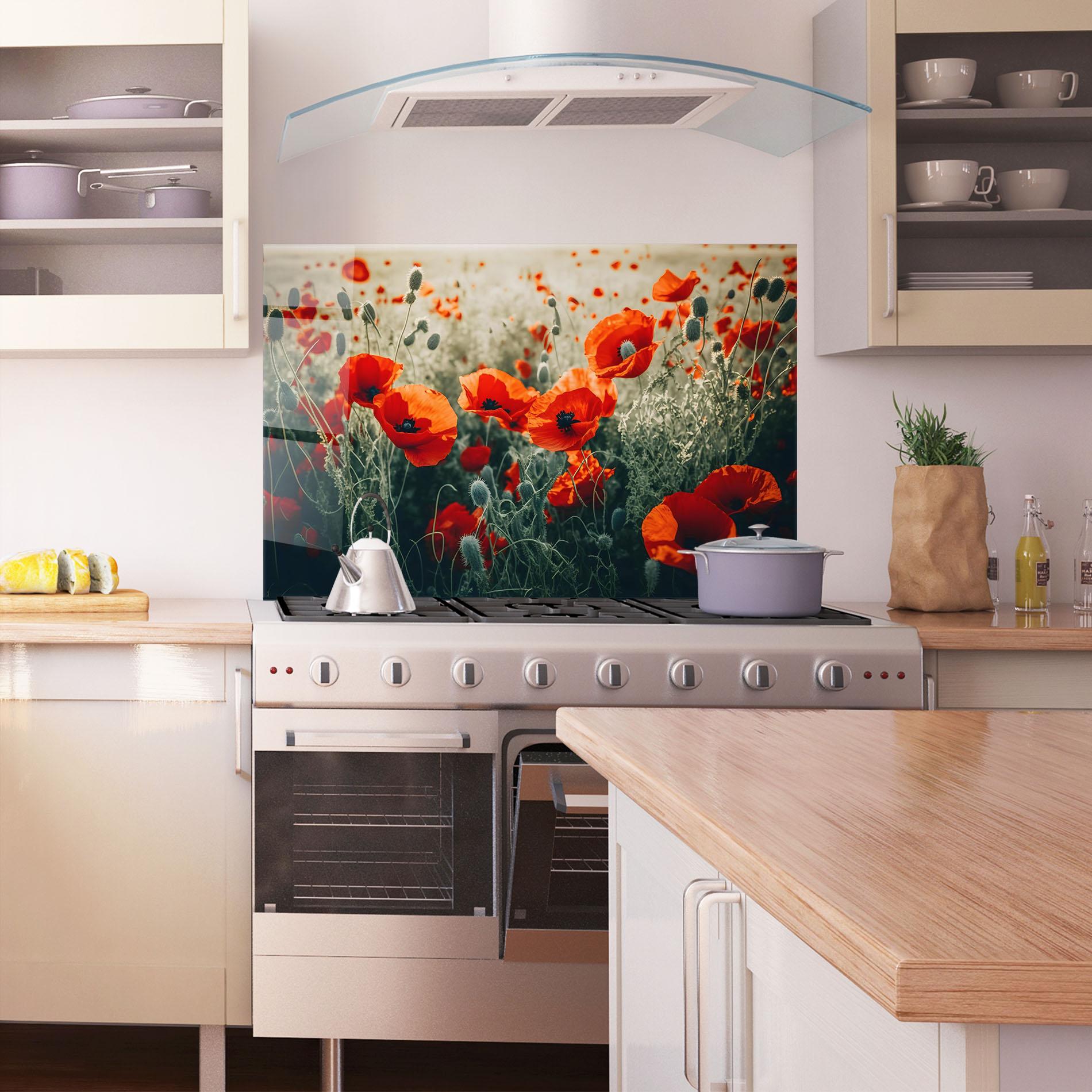 Küchenrückwand Glas Poppy Grass Field mockup 1