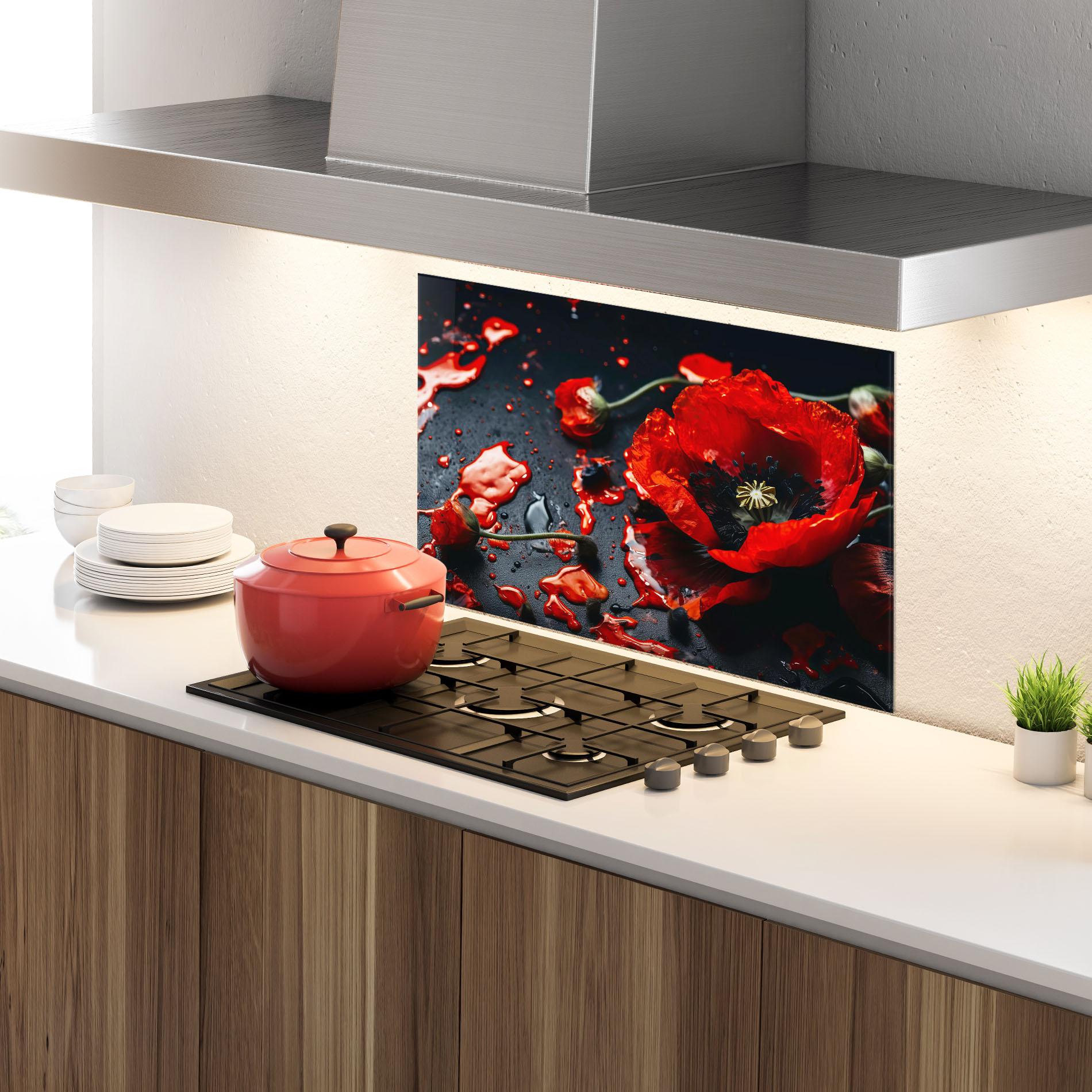 Küchenrückwand Glas Beautiful Red Poppy Liquid mockup 4