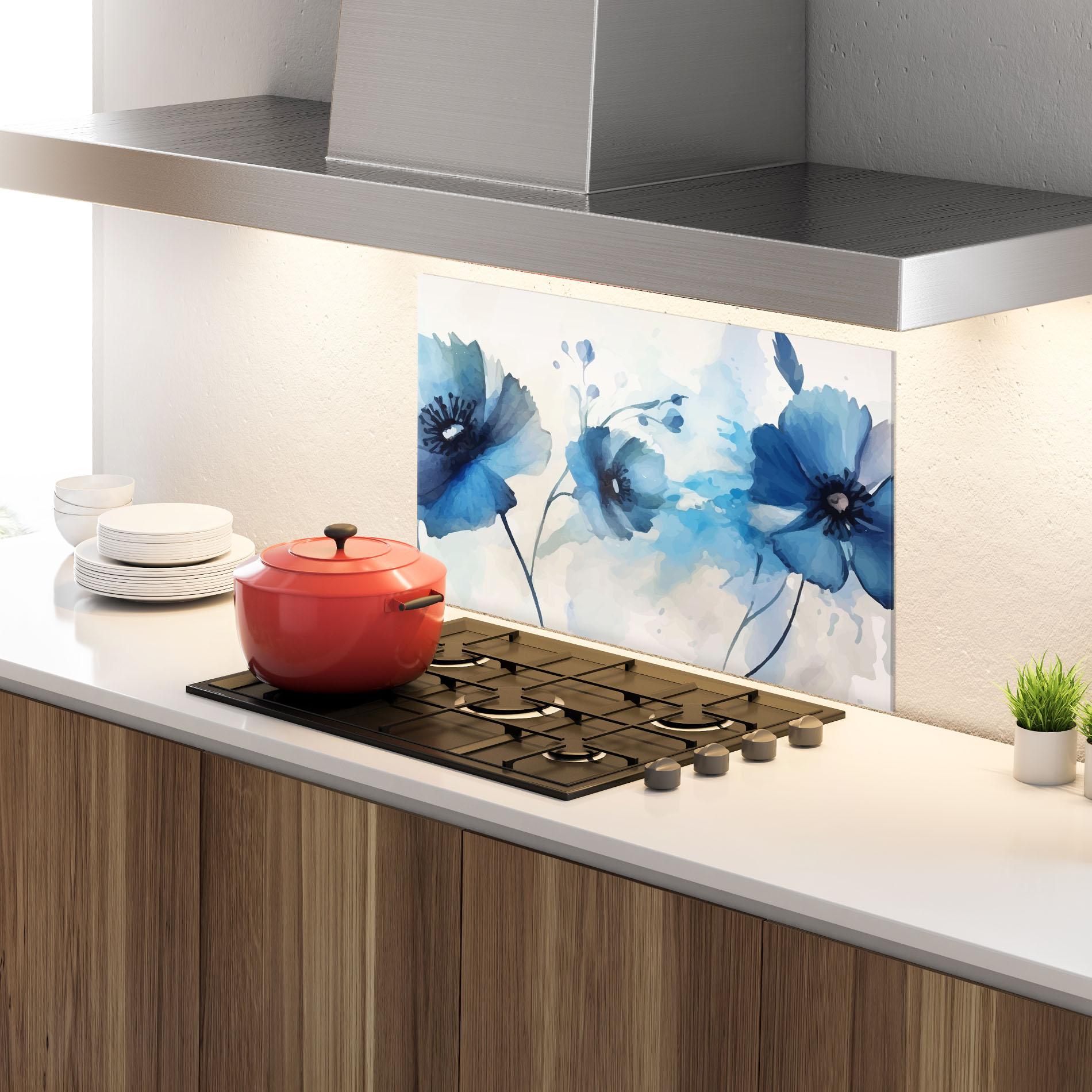 Küchenrückwand Glas Blue Poppies mockup 4