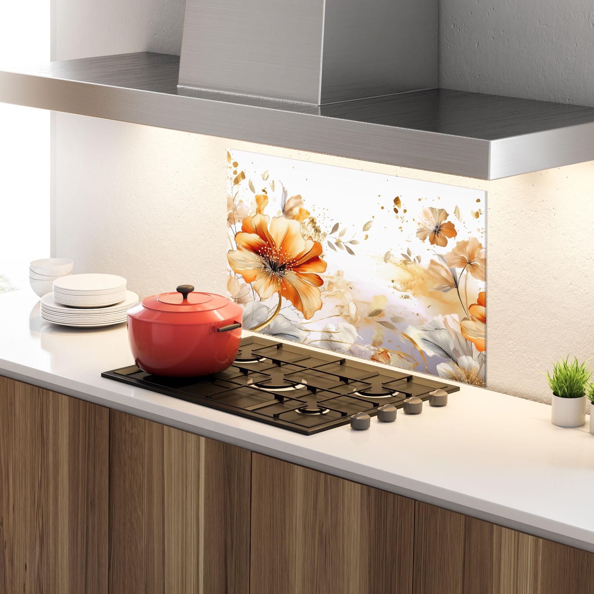 Küchenrückwand Glas Gold Orange Poppy mockup 4