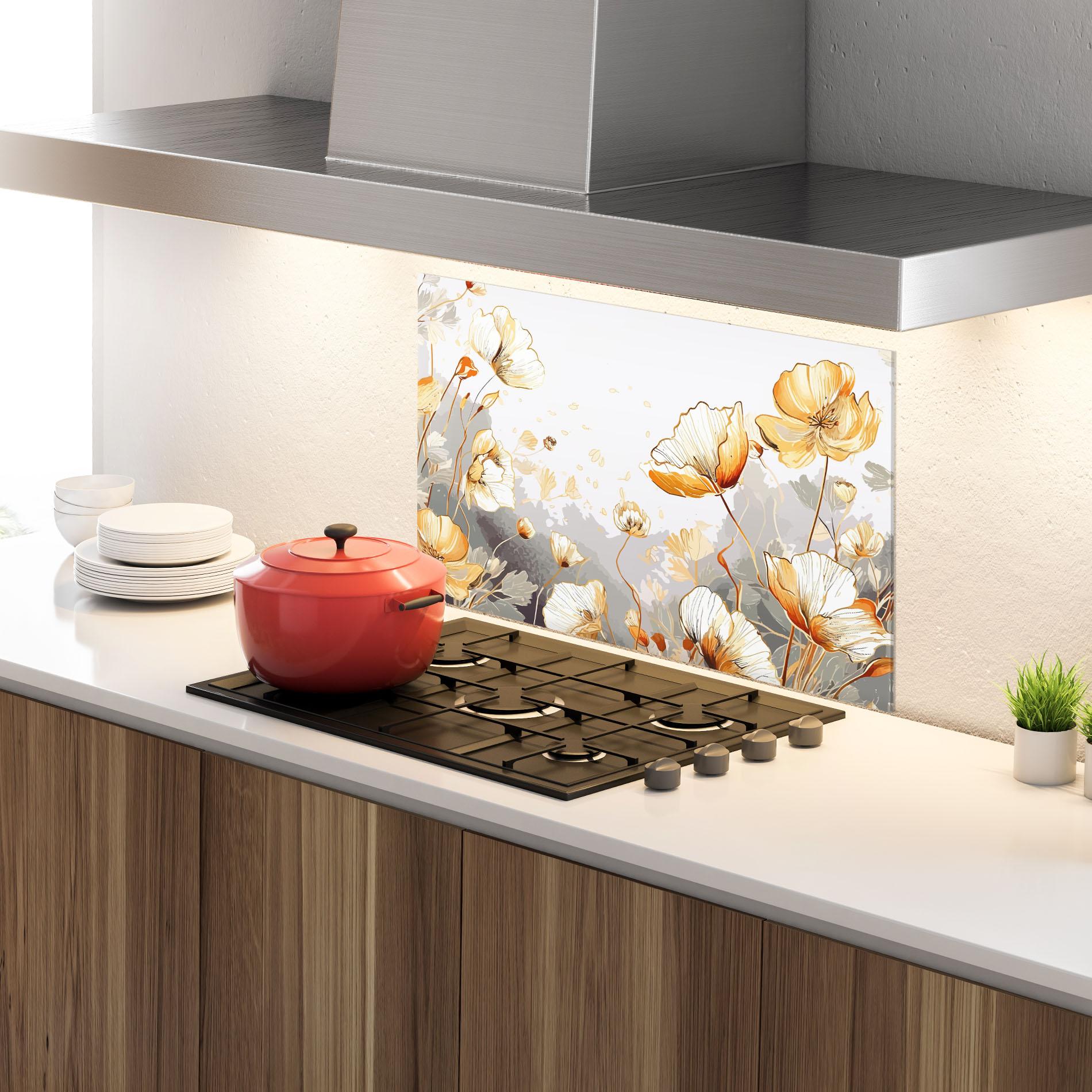 Küchenrückwand Glas Gold Poppies mockup 4