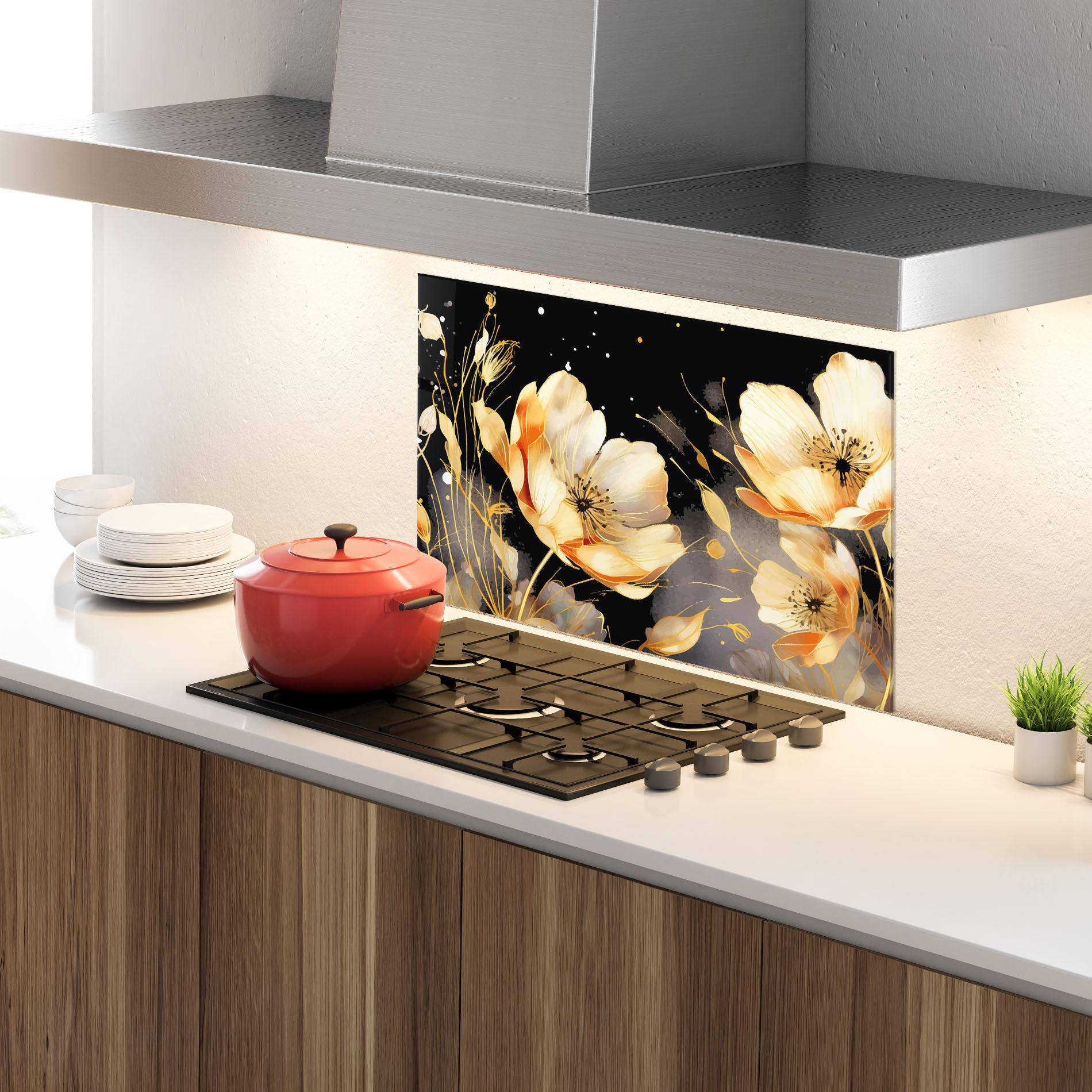Küchenrückwand Glas Gold Poppy Black mockup 4