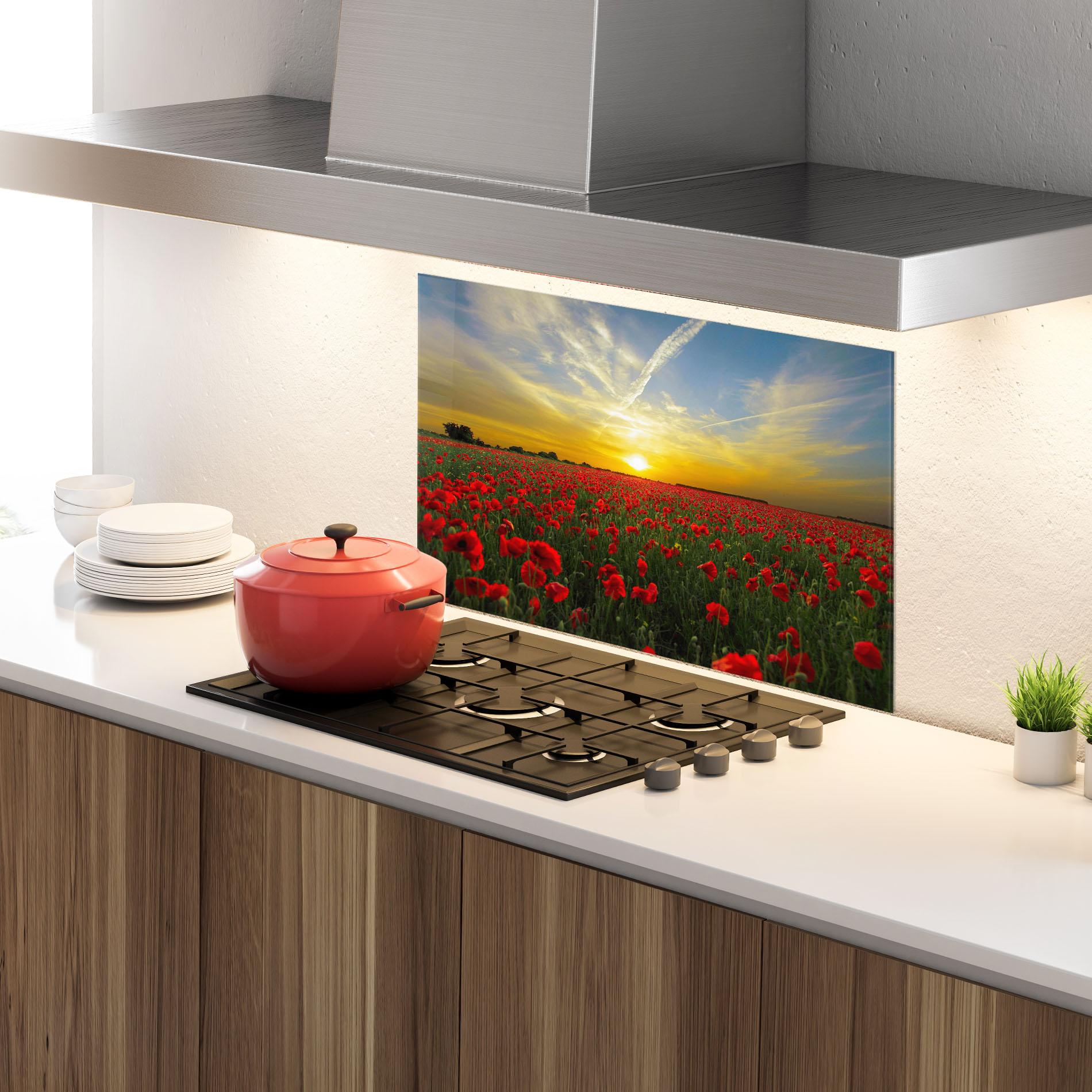 Küchenrückwand Glas Poppies Sunset mockup 4