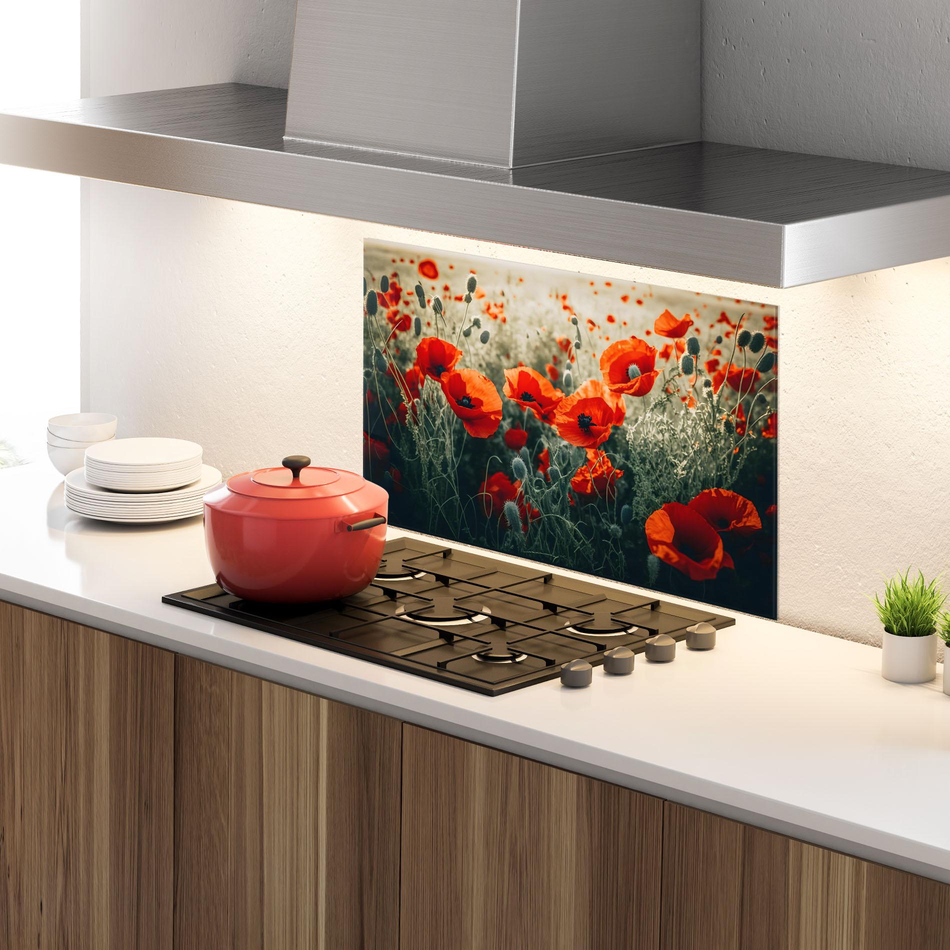 Küchenrückwand Glas Poppy Grass Field mockup 4