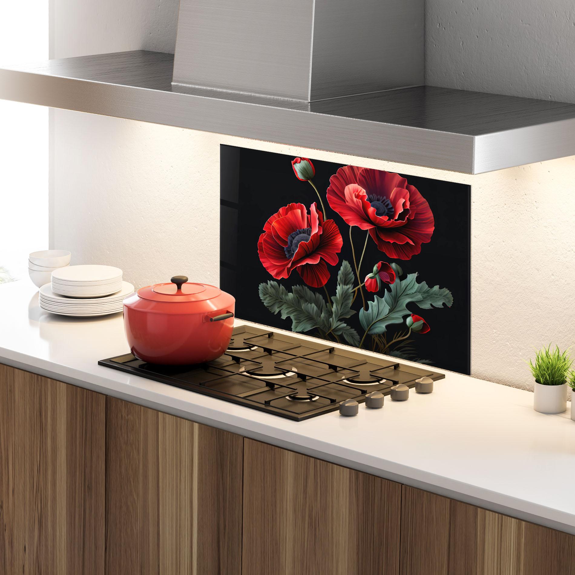 Küchenrückwand Glas Poppy On Black mockup 4