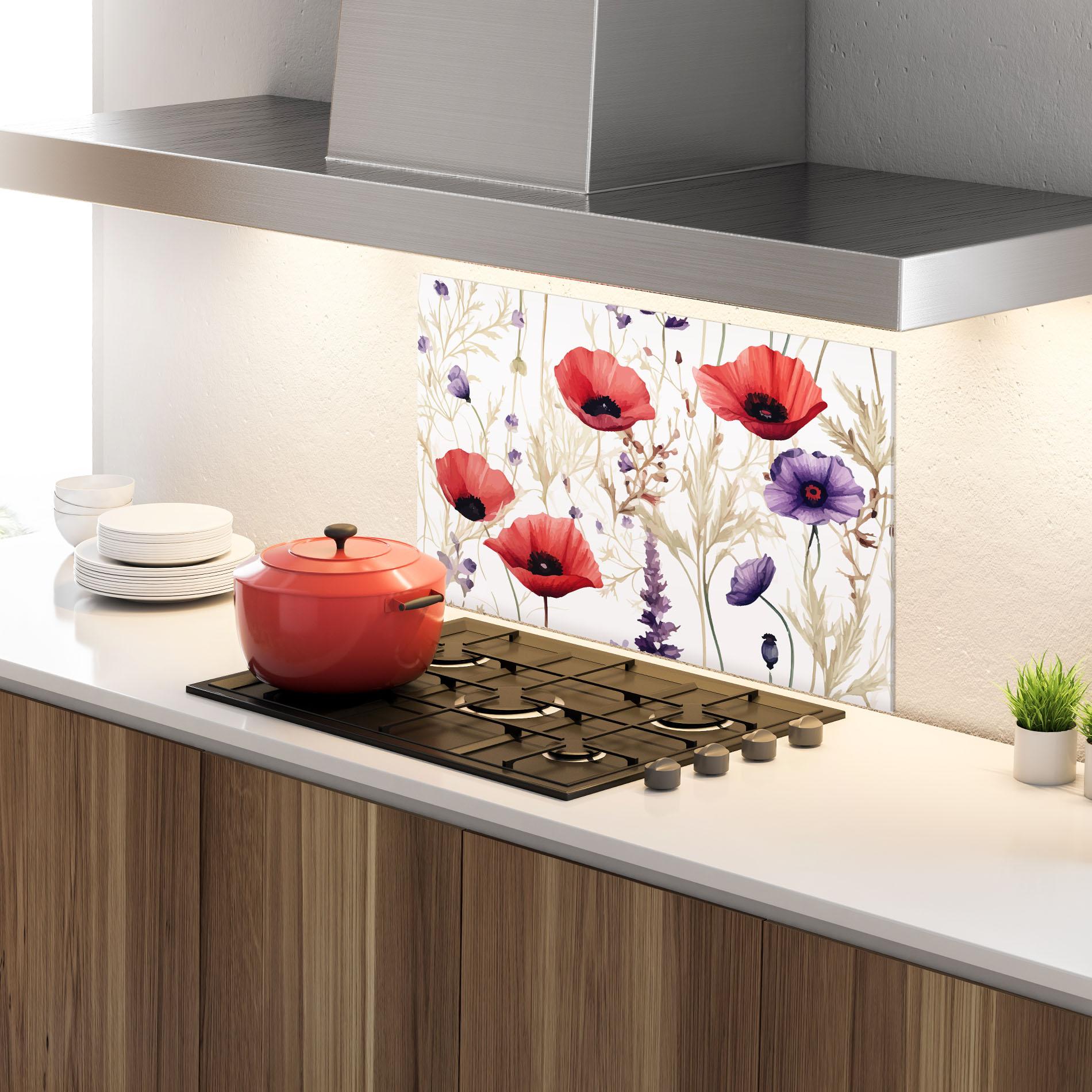 Küchenrückwand Glas Poppy Red Purple mockup 4