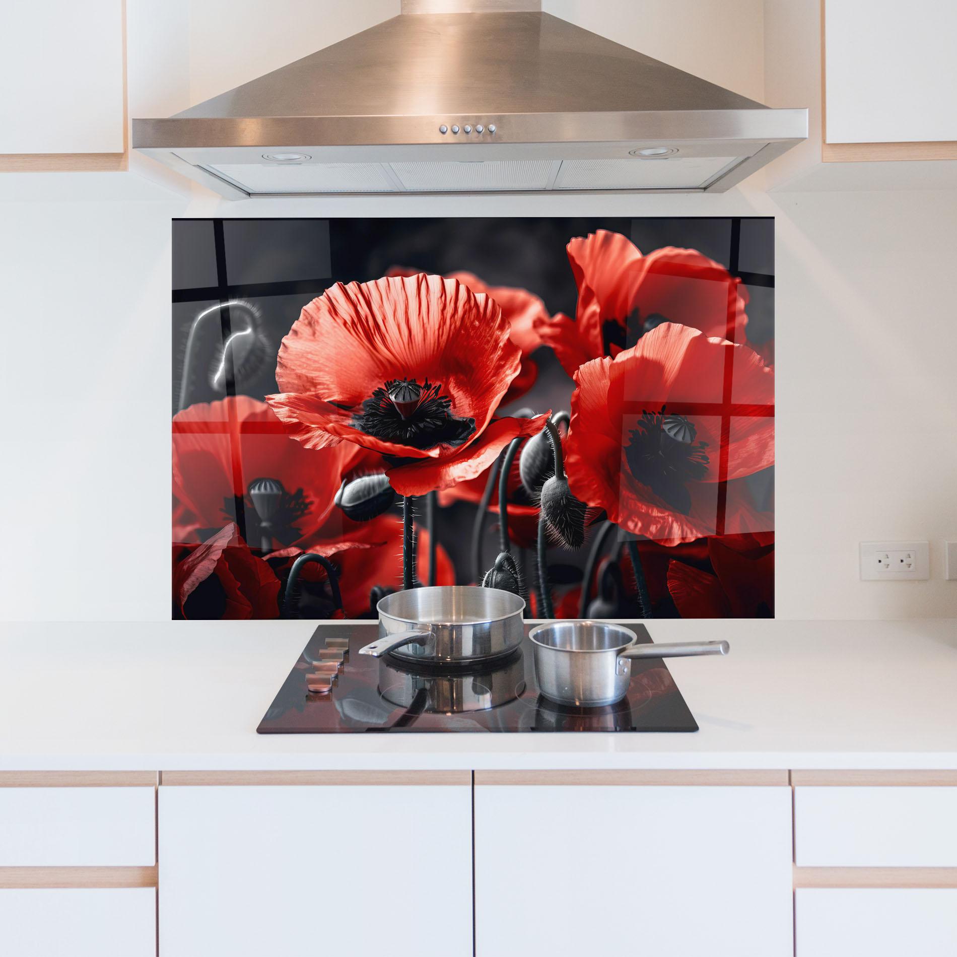 Küchenrückwand Glas Black Red Poppy View mockup 5