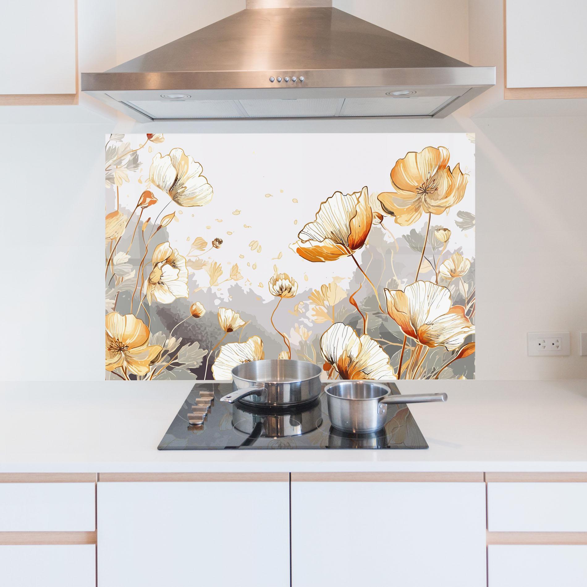 Küchenrückwand Glas Gold Poppies mockup 5