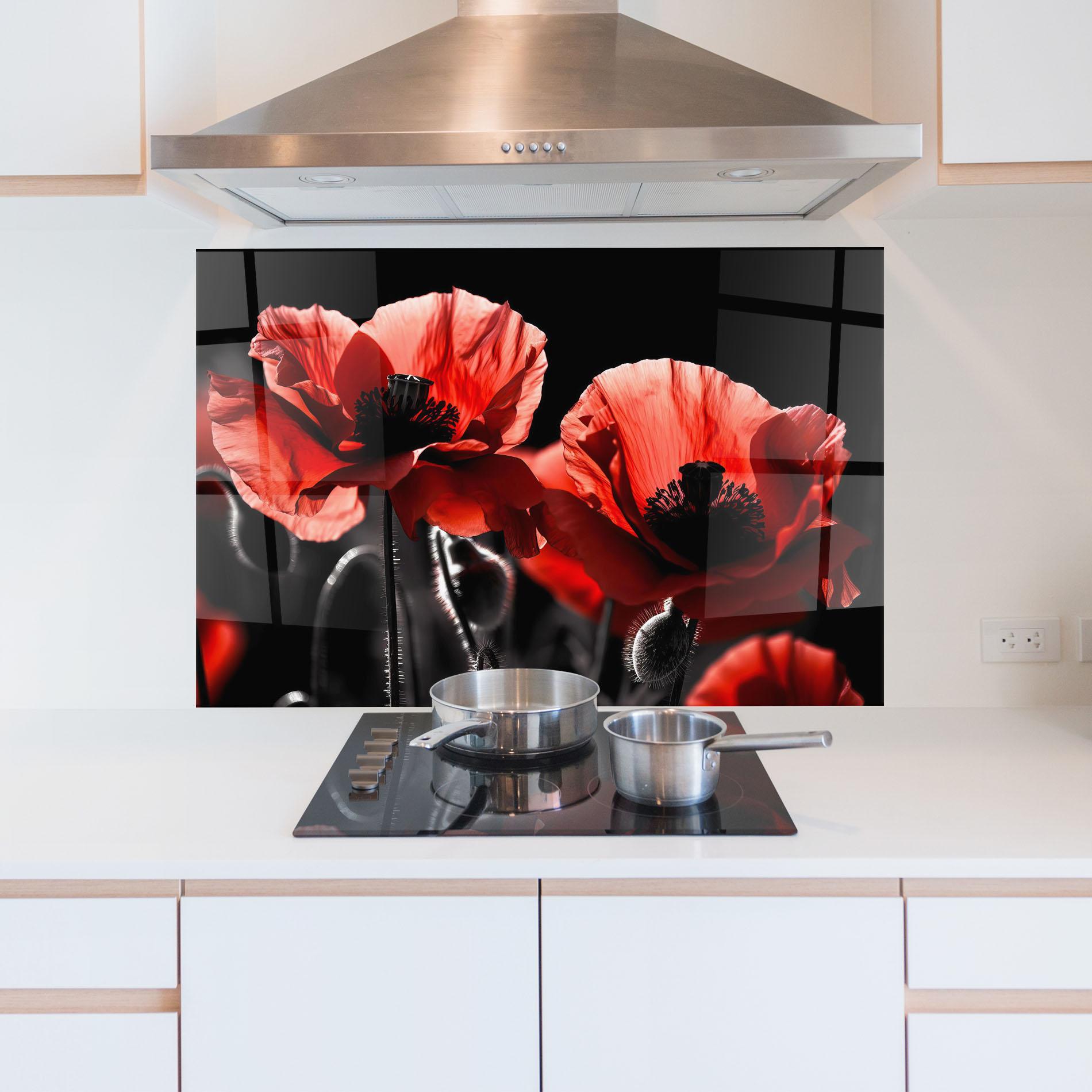 Küchenrückwand Glas Light Red Poppy On Black mockup 5