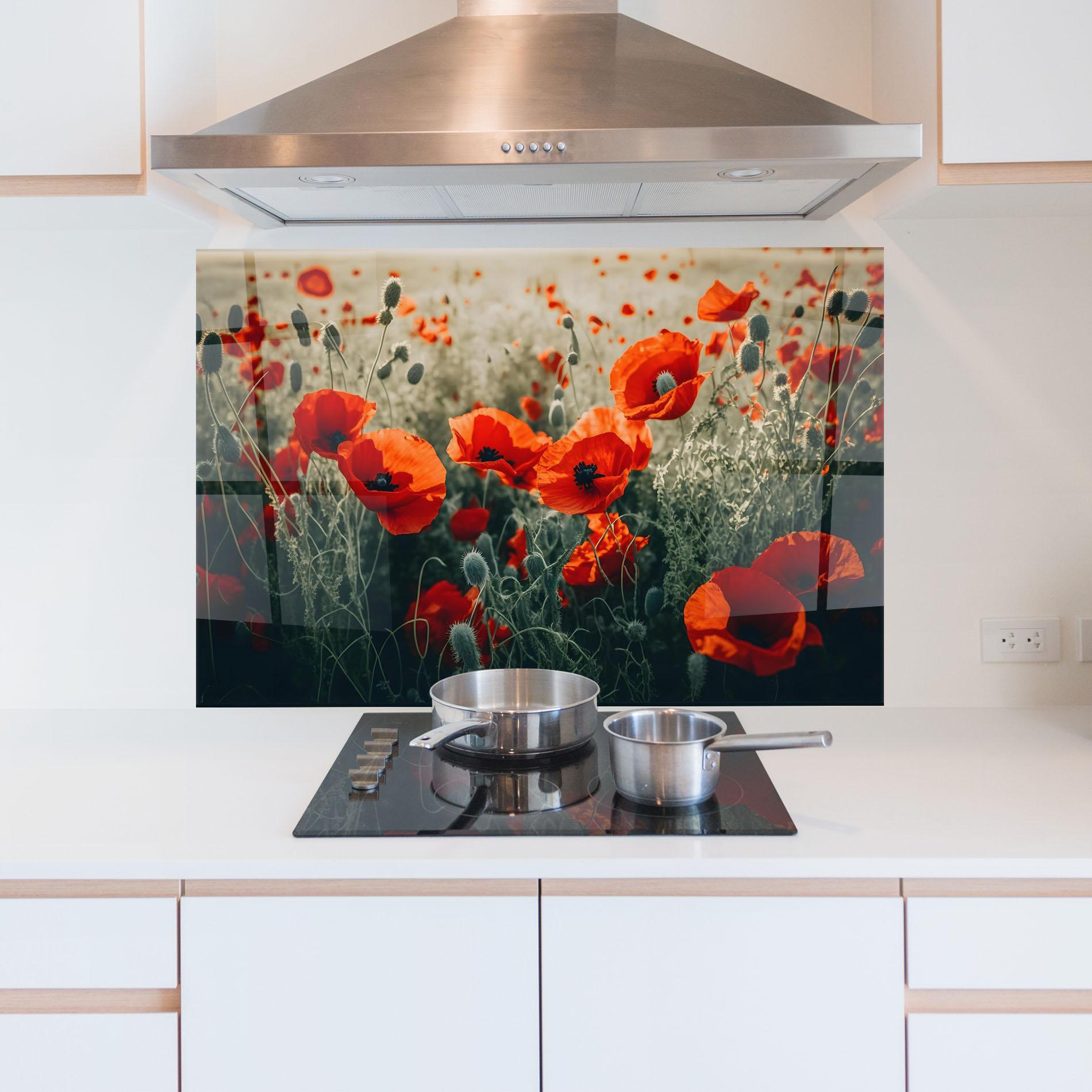 Küchenrückwand Glas Poppy Grass Field mockup 5