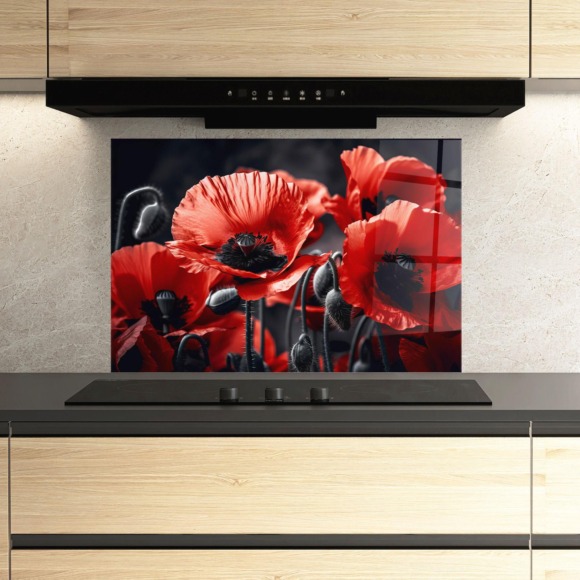 Küchenrückwand Glas Black Red Poppy View mockup 3