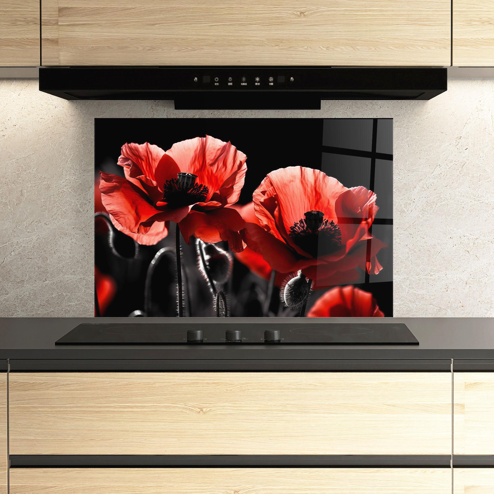 Küchenrückwand Glas Light Red Poppy On Black mockup 3