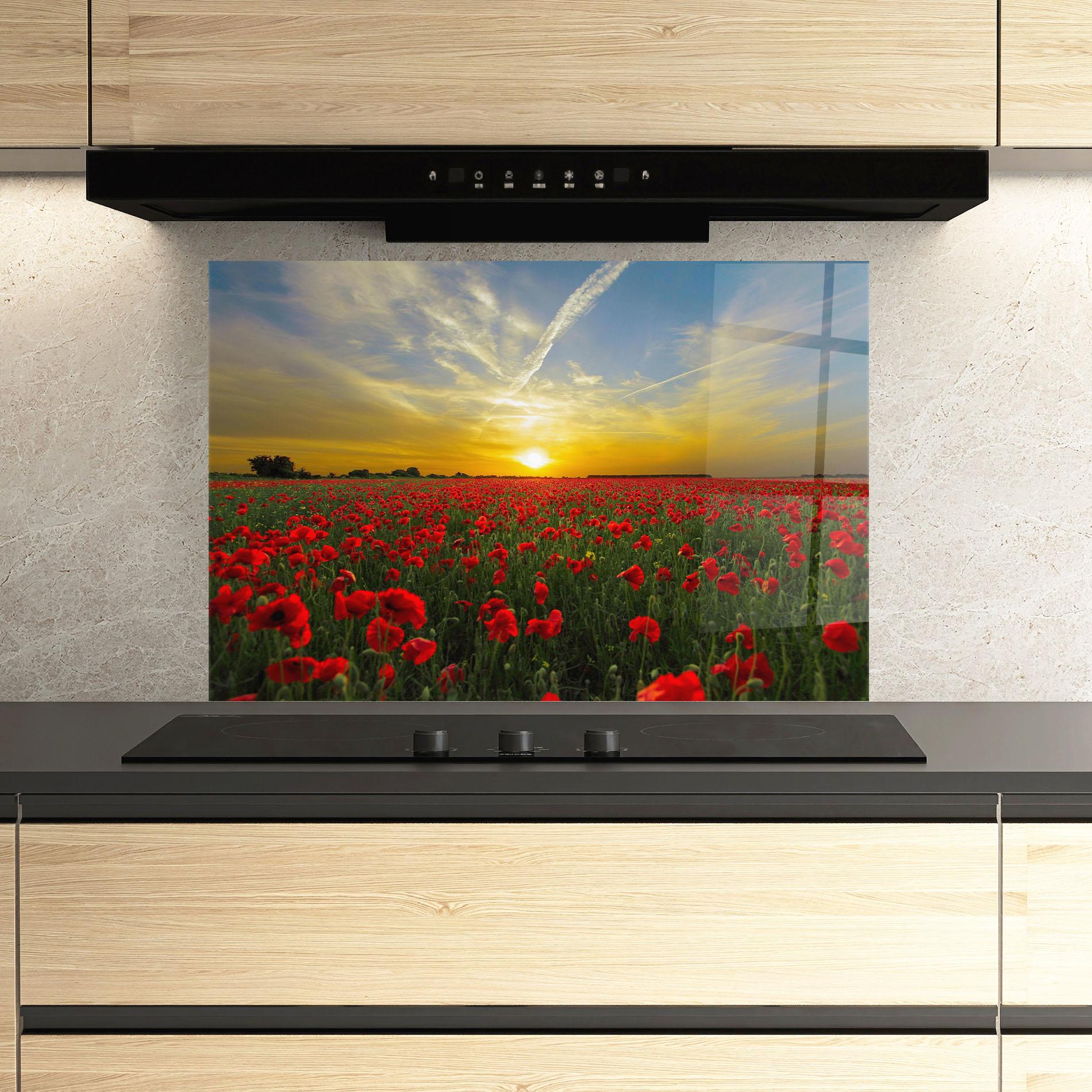 Küchenrückwand Glas Poppies Sunset mockup 3
