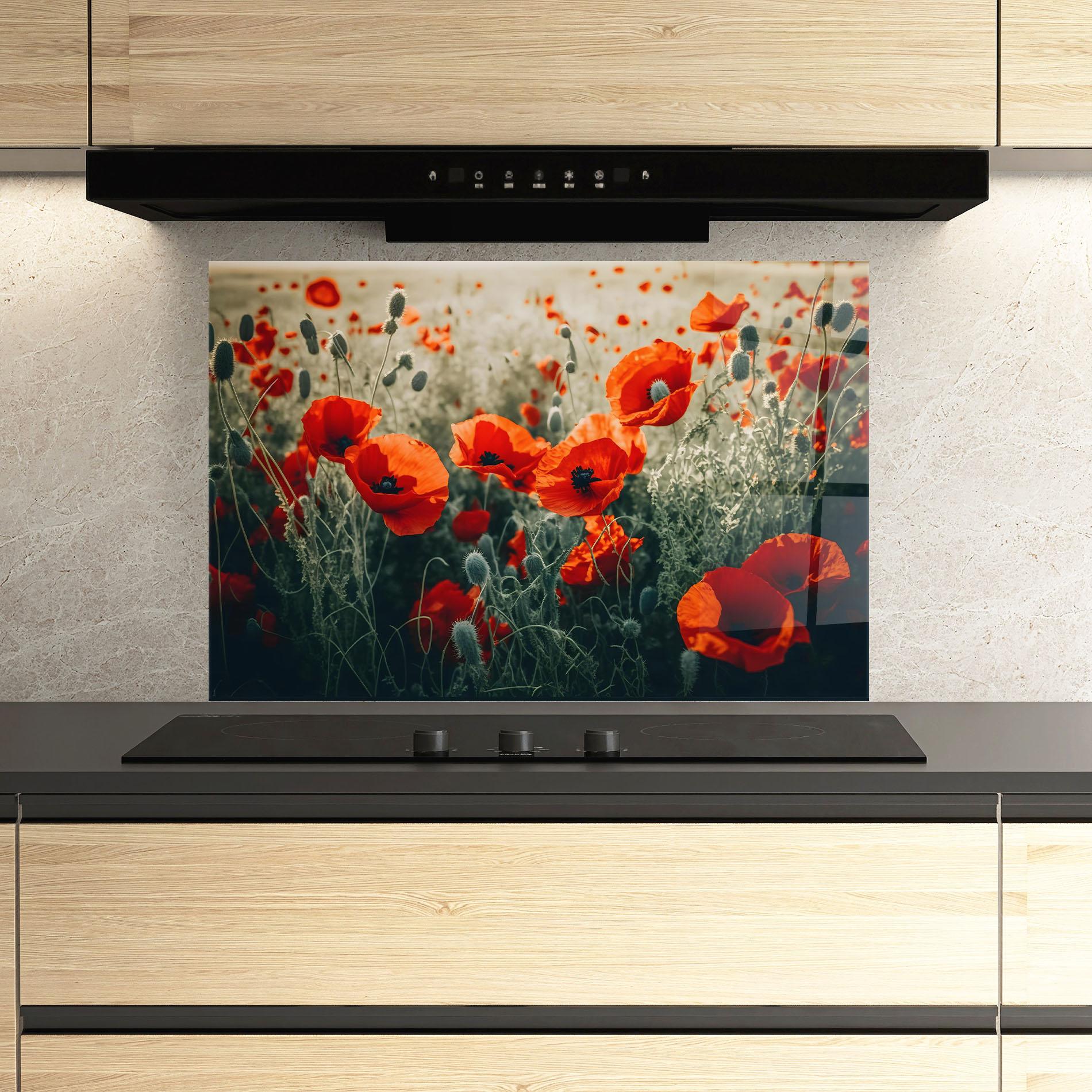 Küchenrückwand Glas Poppy Grass Field mockup 3