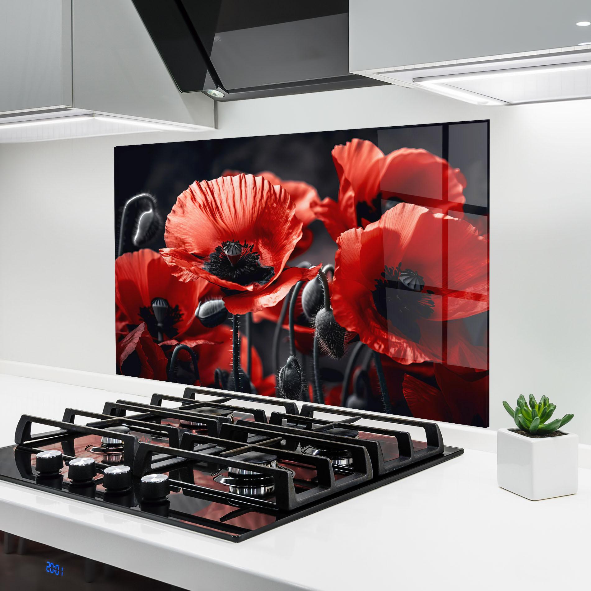 Küchenrückwand Glas Black Red Poppy View mockup 6