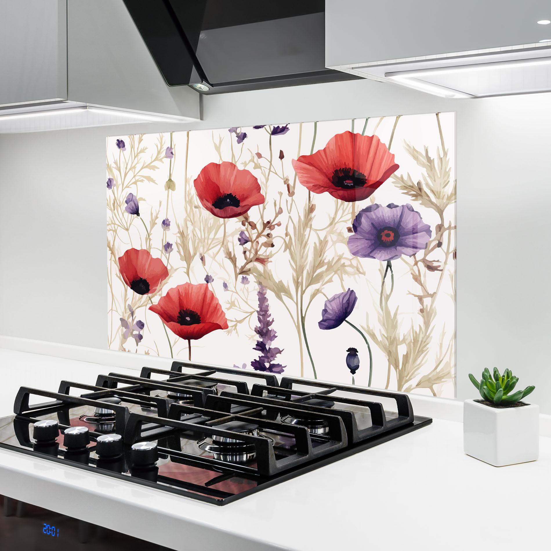 Küchenrückwand Glas Poppy Red Purple mockup 6