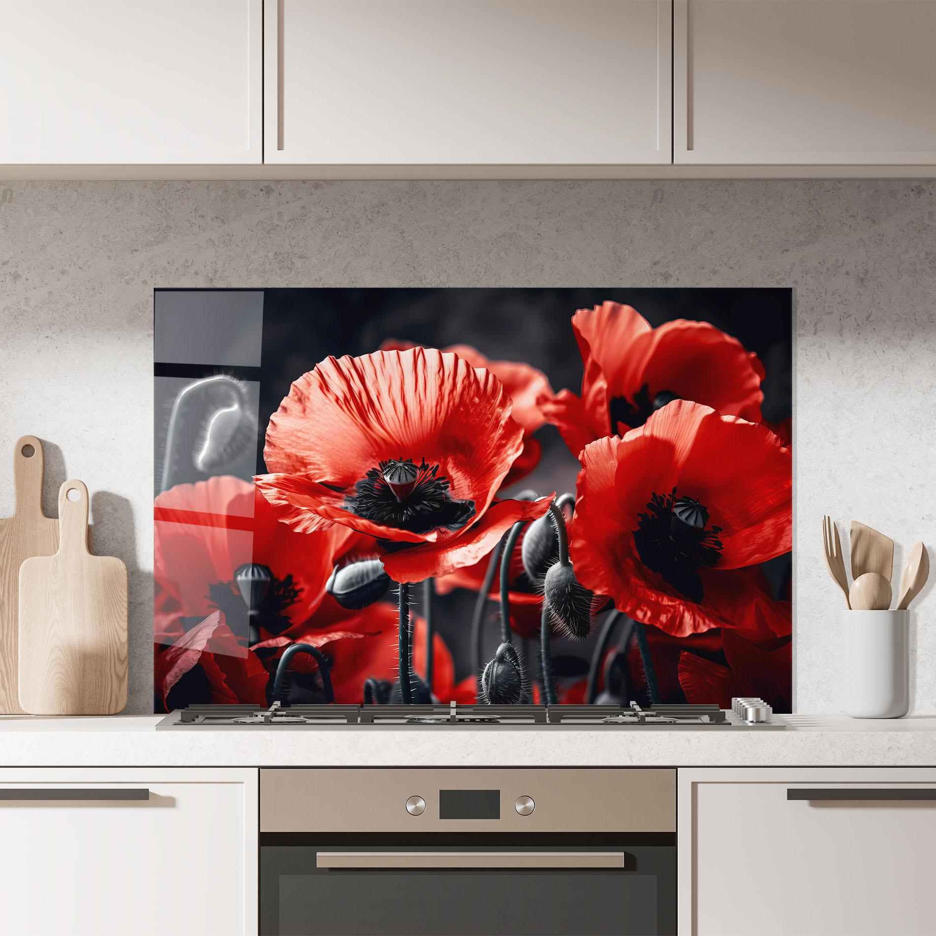 Küchenrückwand Glas Black Red Poppy View mockup 7