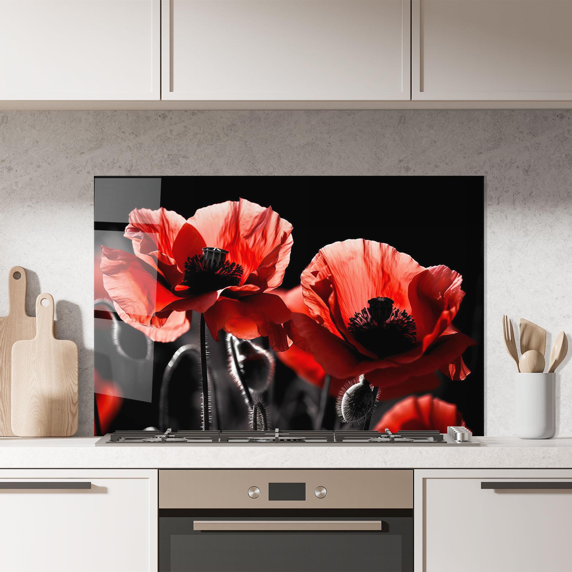 Küchenrückwand Glas Light Red Poppy On Black mockup 7