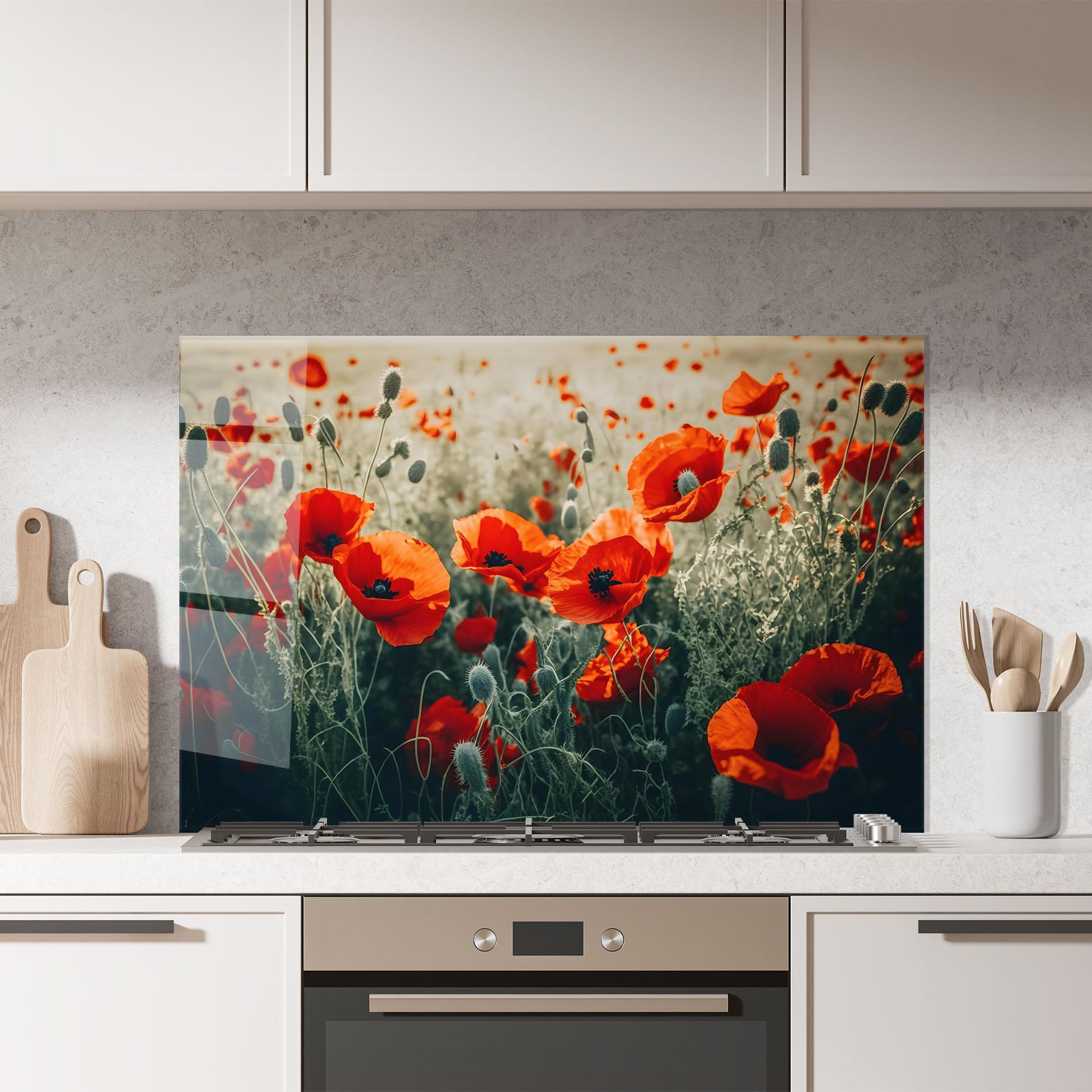 Küchenrückwand Glas Poppy Grass Field mockup 7