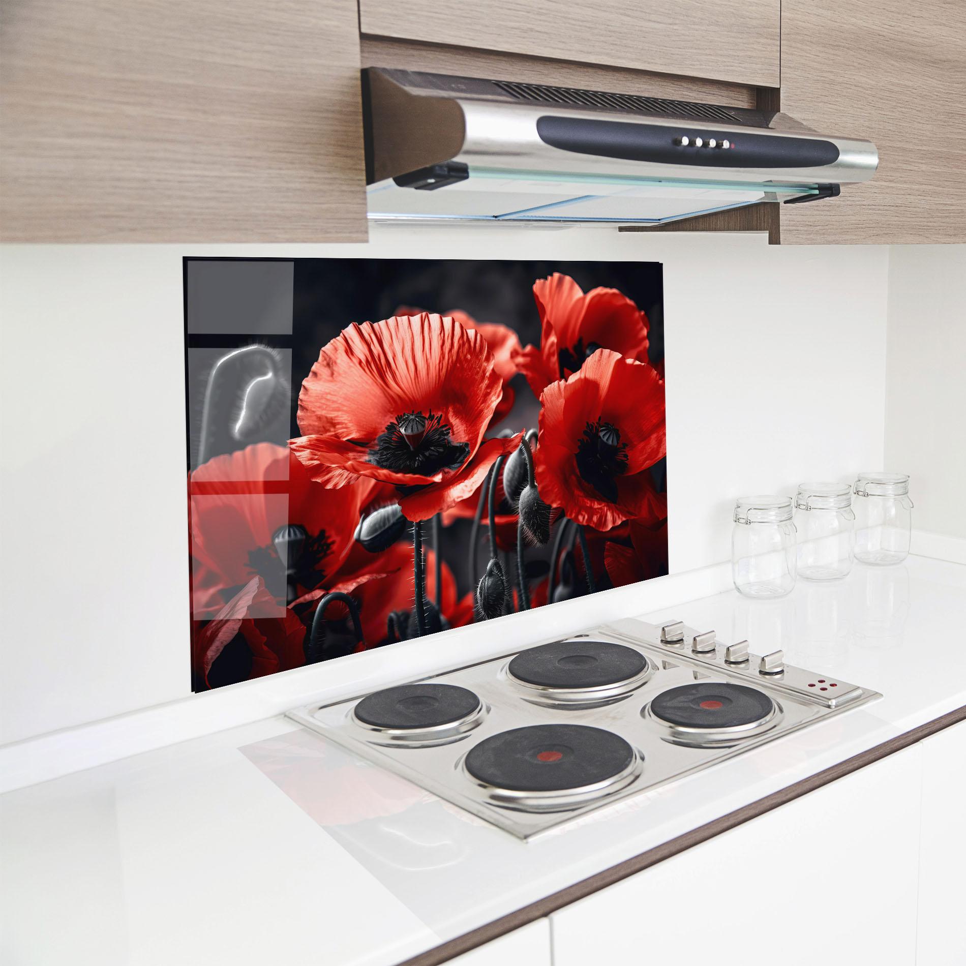 Küchenrückwand Glas Black Red Poppy View mockup 8