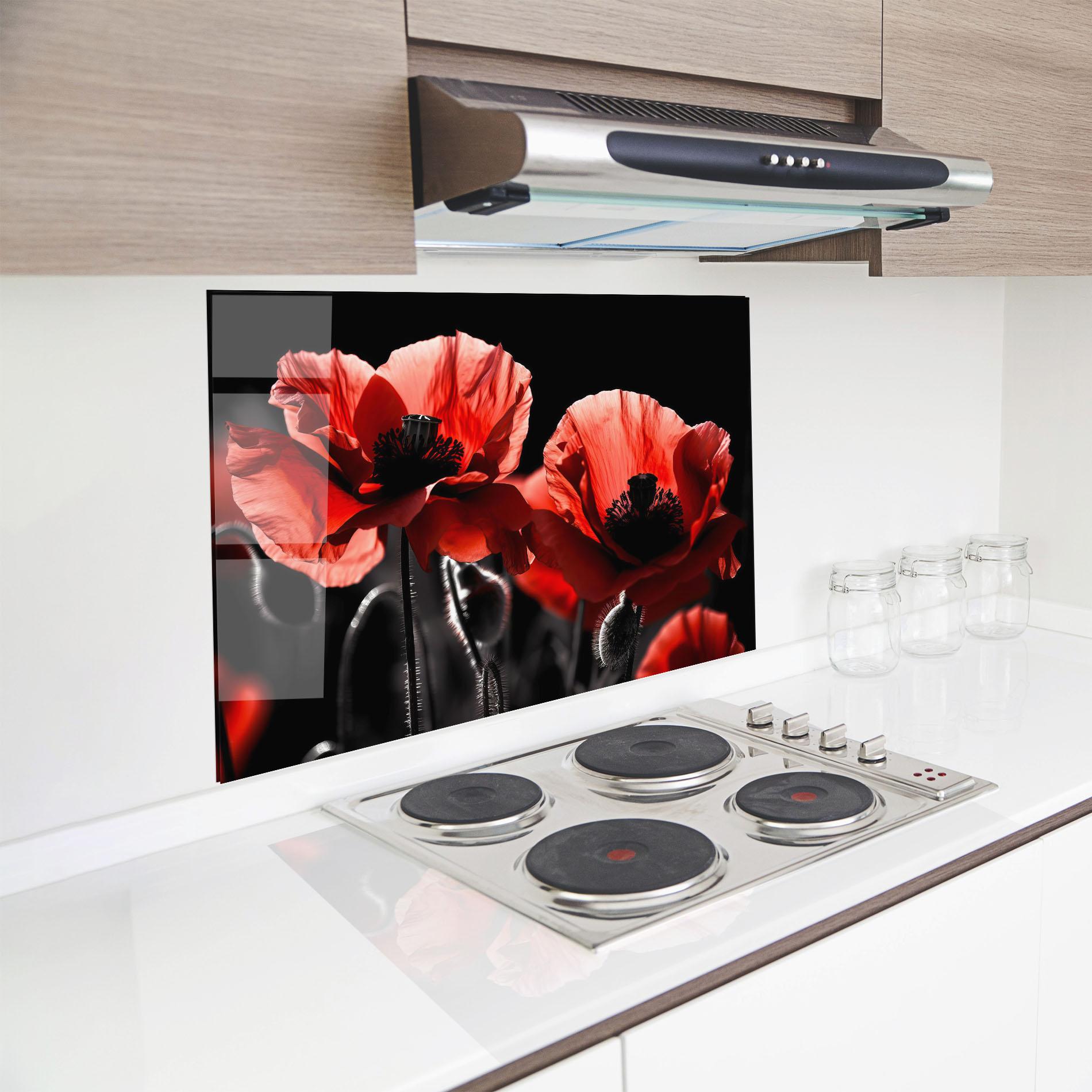 Küchenrückwand Glas Light Red Poppy On Black mockup 8