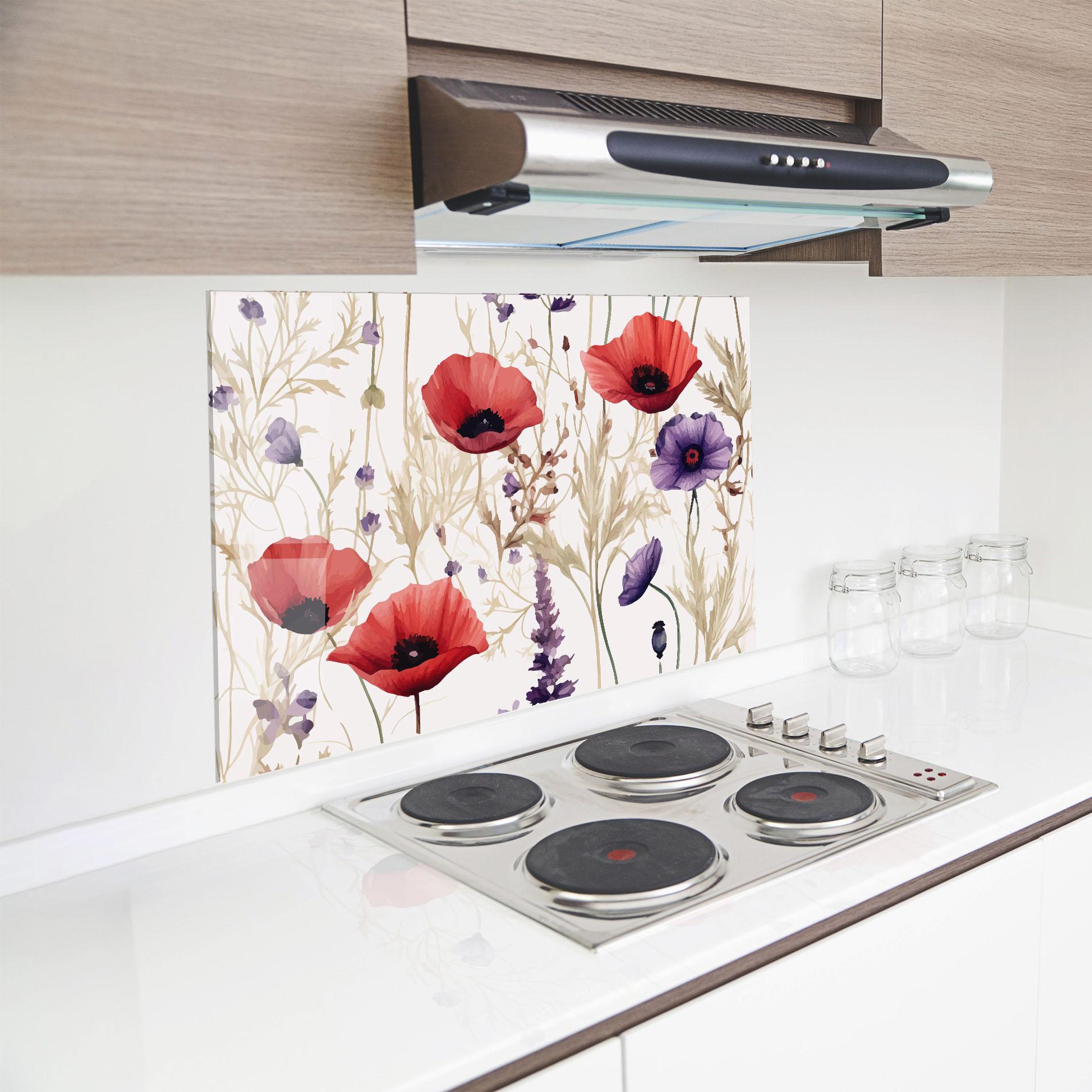 Küchenrückwand Glas Poppy Red Purple mockup 8