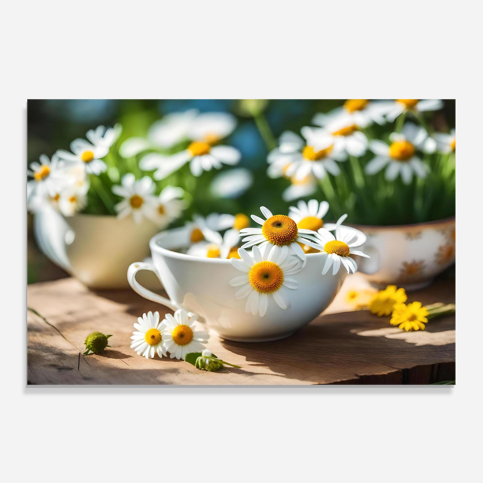 Küchenrückwand Glas Daisies In A Cup mockup 0
