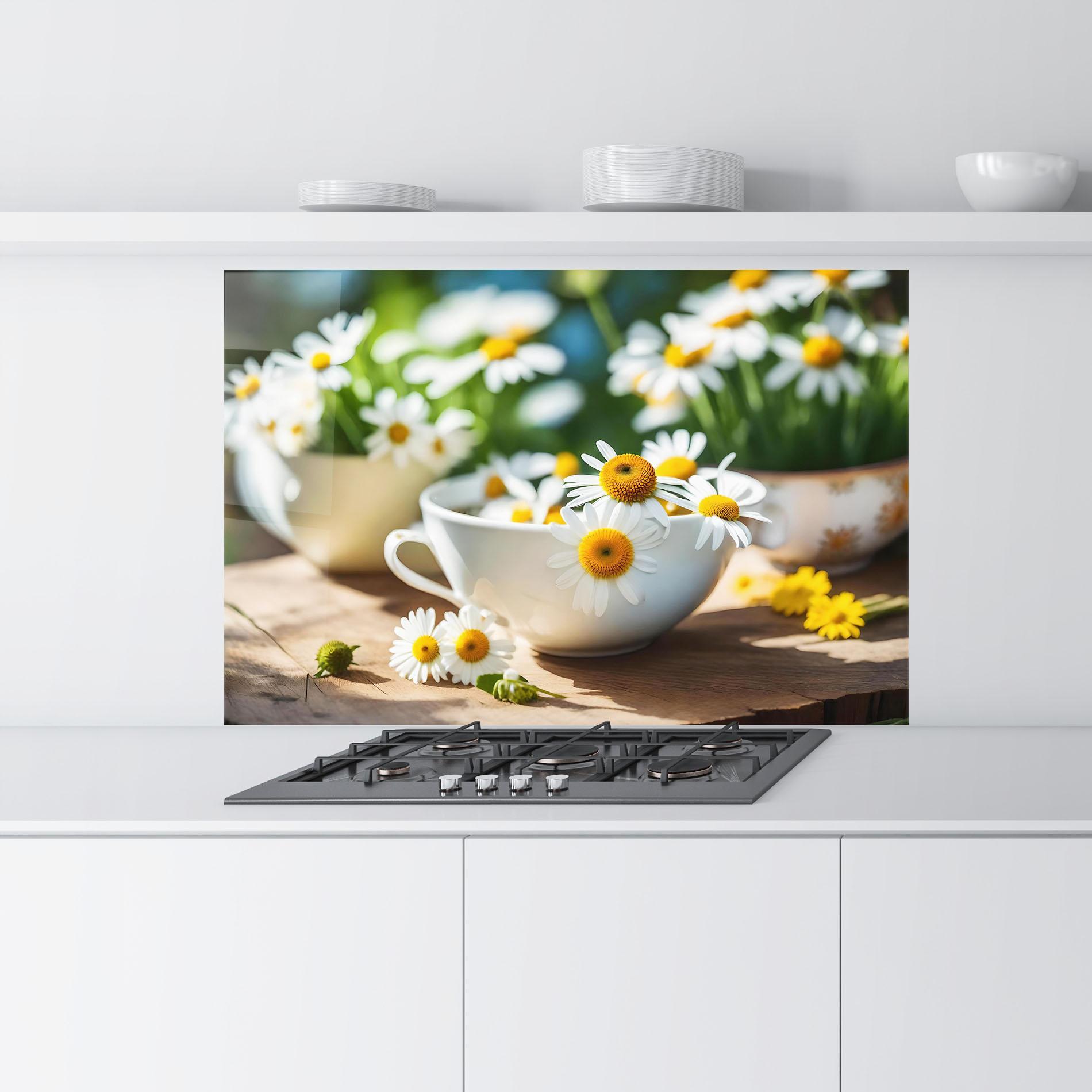 Küchenrückwand Glas Daisies In A Cup mockup 9
