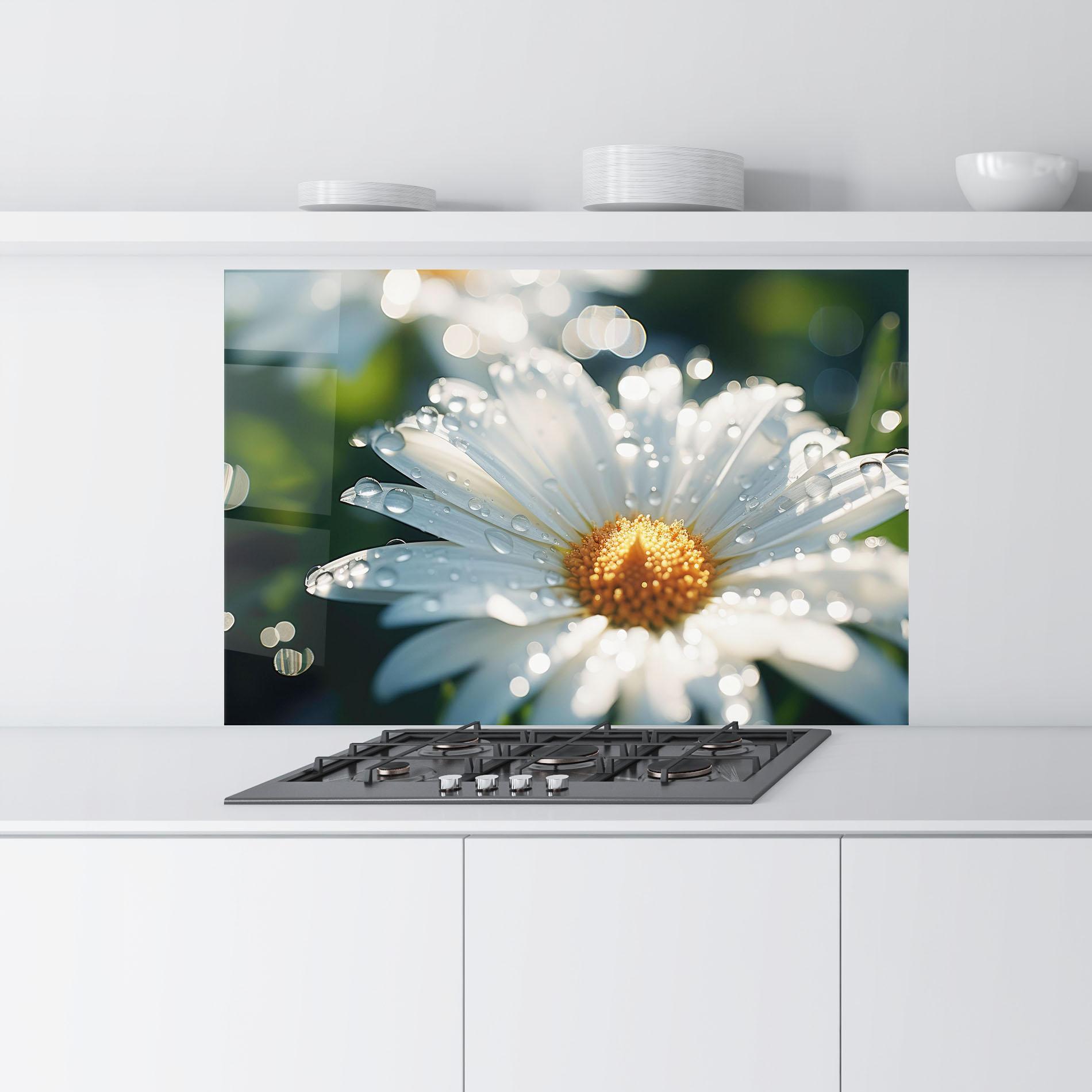 Küchenrückwand Glas Daisy After Rain Close Up mockup 9